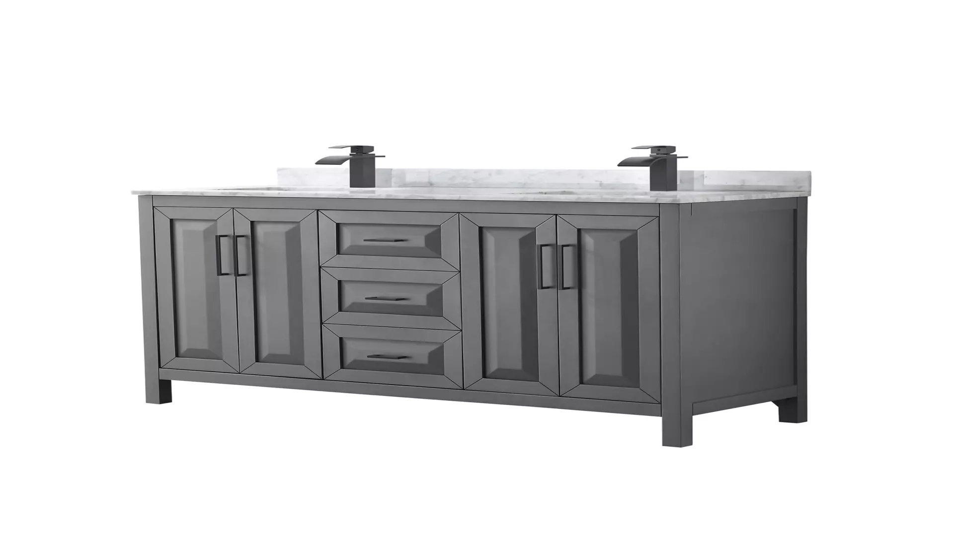 Daria 60 Inch Double Bathroom Vanity in Dark Gray, White Carrara Marble Countertop, Undermount Square Sinks, Matte Black Trim material