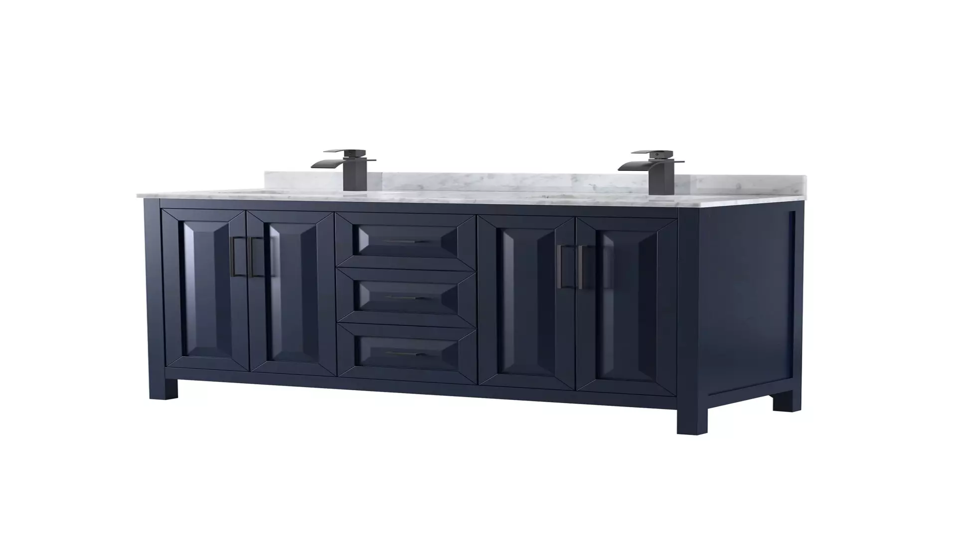 Daria 60 Inch Double Bathroom Vanity in Dark Blue, White Carrara Marble Countertop, Undermount Square Sinks, Matte Black Trim material
