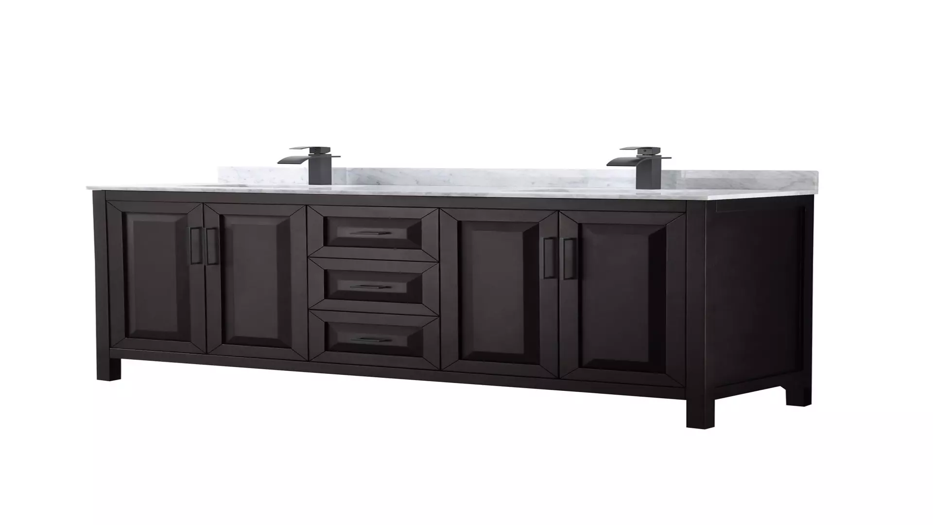 Daria 72 Inch Double Bathroom Vanity in Dark Espresso, White Carrara Marble Countertop, Undermount Square Sinks, Matte Black Trim material