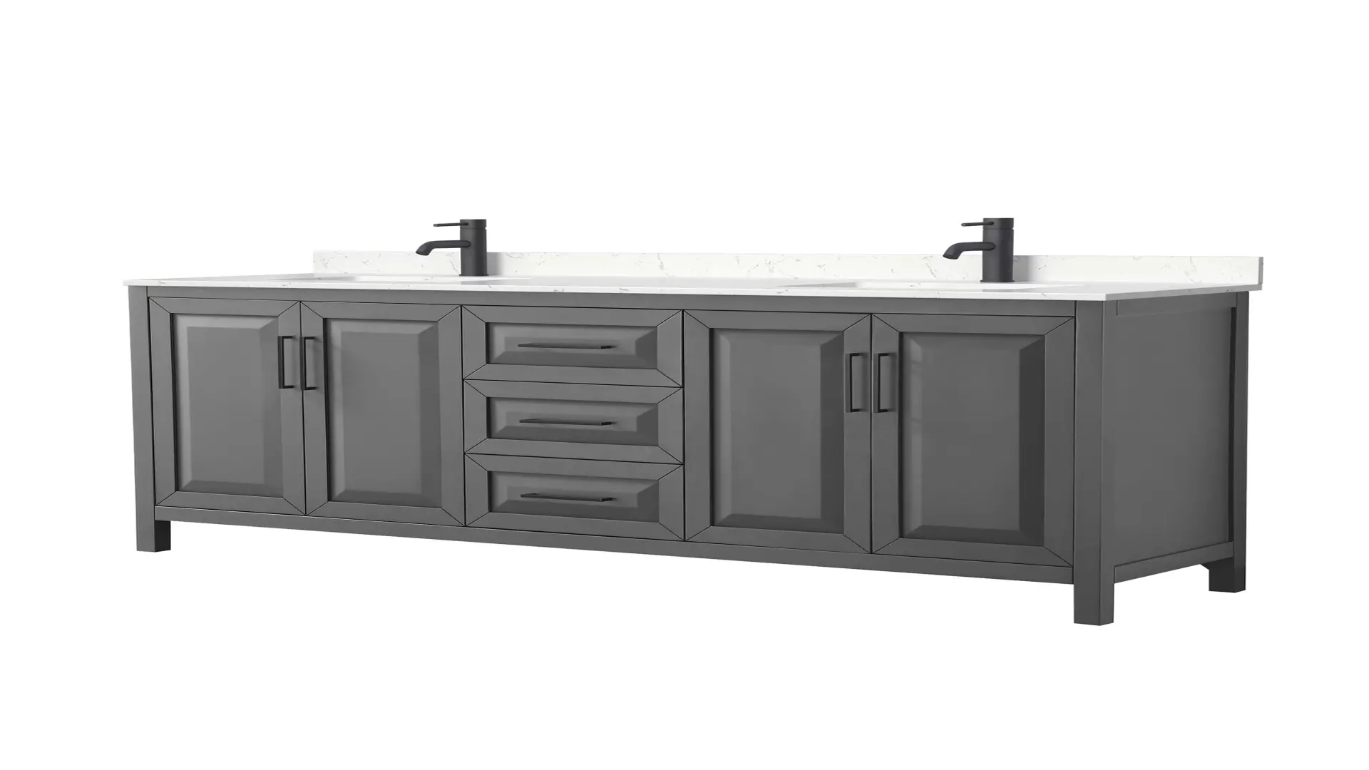 Daria 80 Inch Double Bathroom Vanity in Dark Gray, Carrara Cultured Marble Countertop, Undermount Square Sinks, Matte Black Trim material