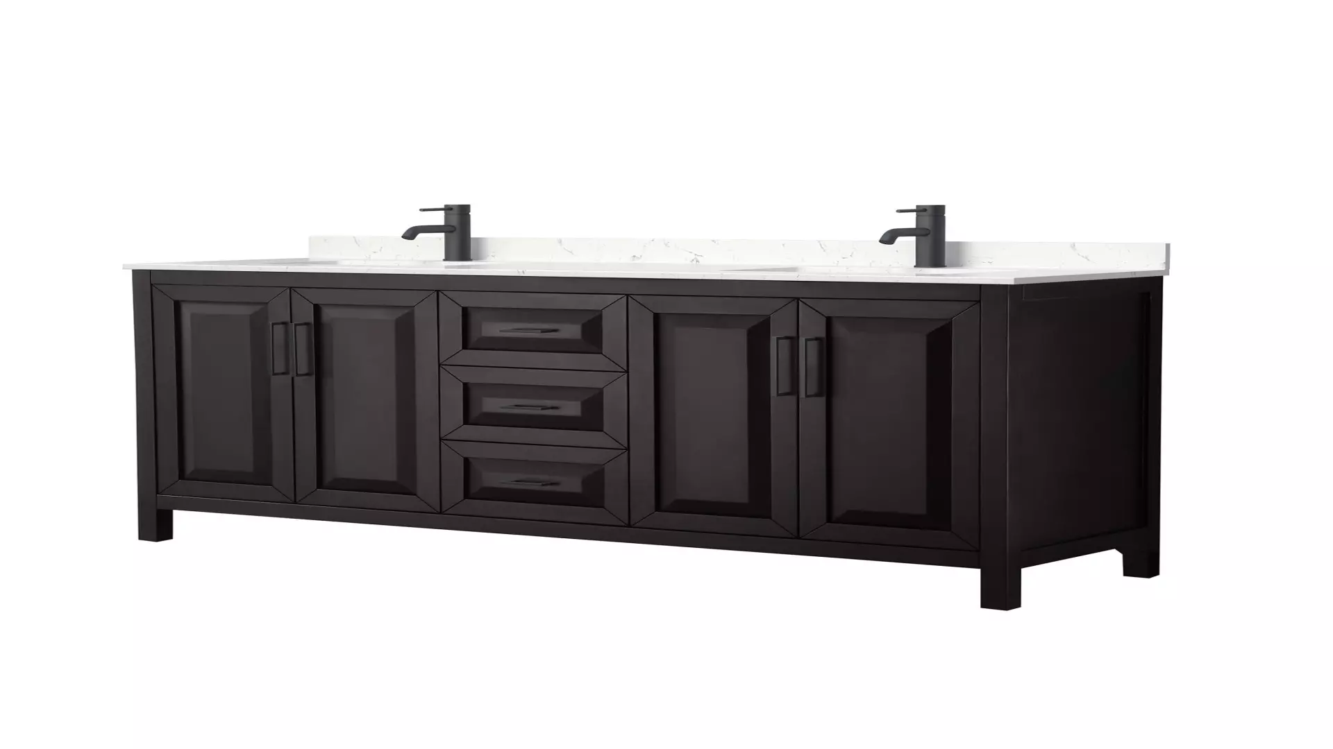 Daria 72 Inch Double Bathroom Vanity in Dark Espresso, Carrara Cultured Marble Countertop, Undermount Square Sinks, Matte Black Trim material