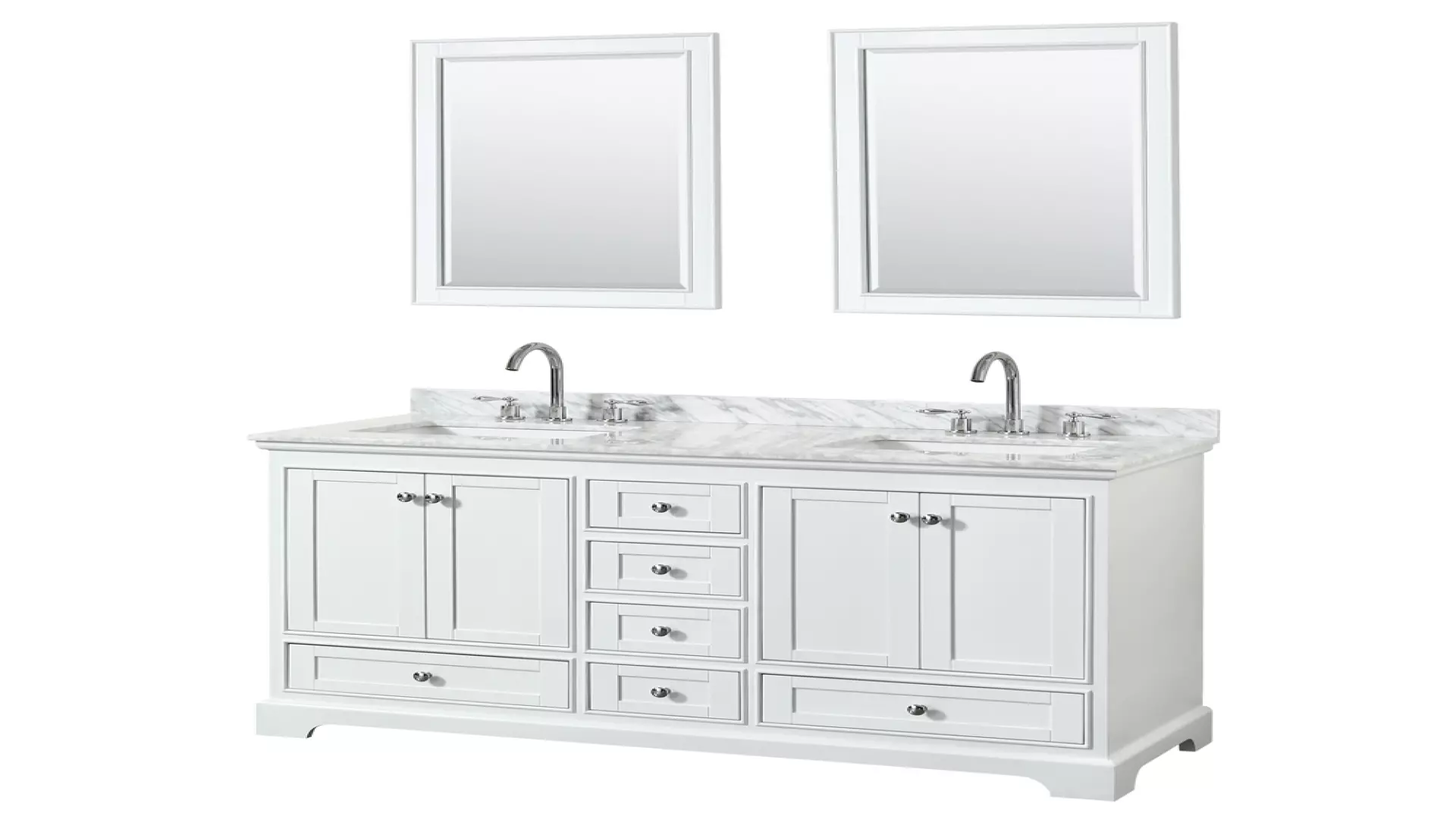 Deborah 60 Inch Double Bathroom Vanity in White, White Carrara Marble Countertop, Undermount Square Sinks, and 24 Inch Mirrors material