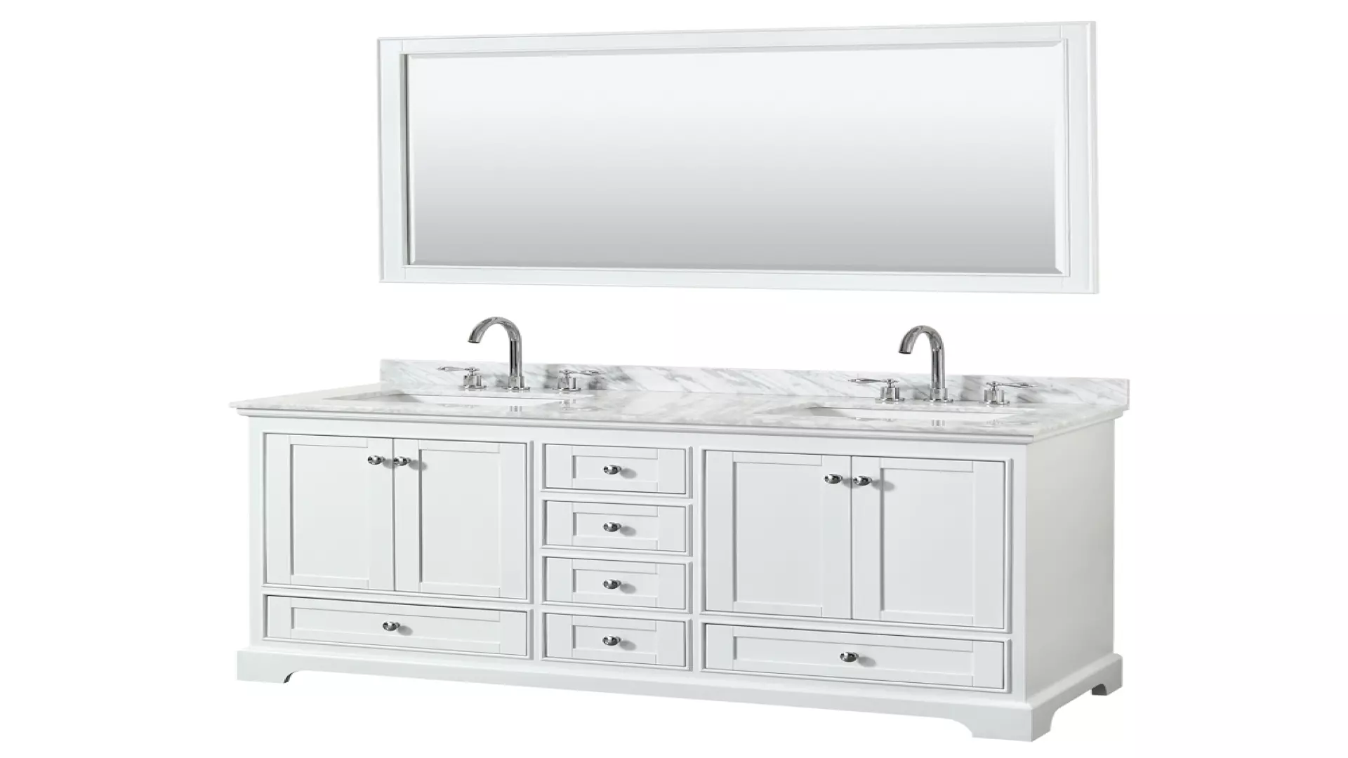 Deborah 60 Inch Double Bathroom Vanity in White, White Carrara Marble Countertop, Undermount Square Sinks, and 58 Inch Mirror material