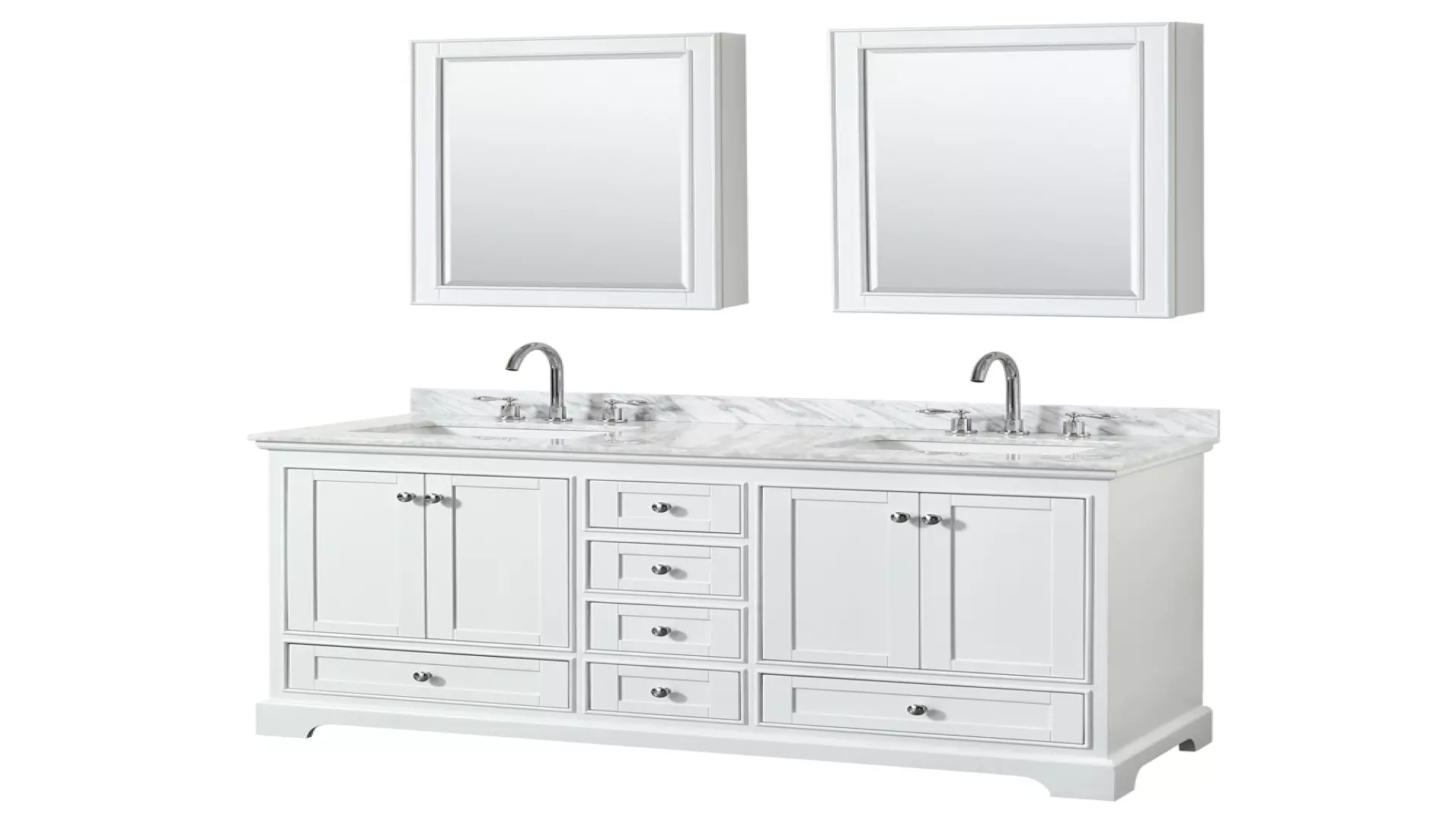 Deborah 60 Inch Double Bathroom Vanity in White, White Carrara Marble Countertop, Undermount Square Sinks, and Medicine Cabinets material