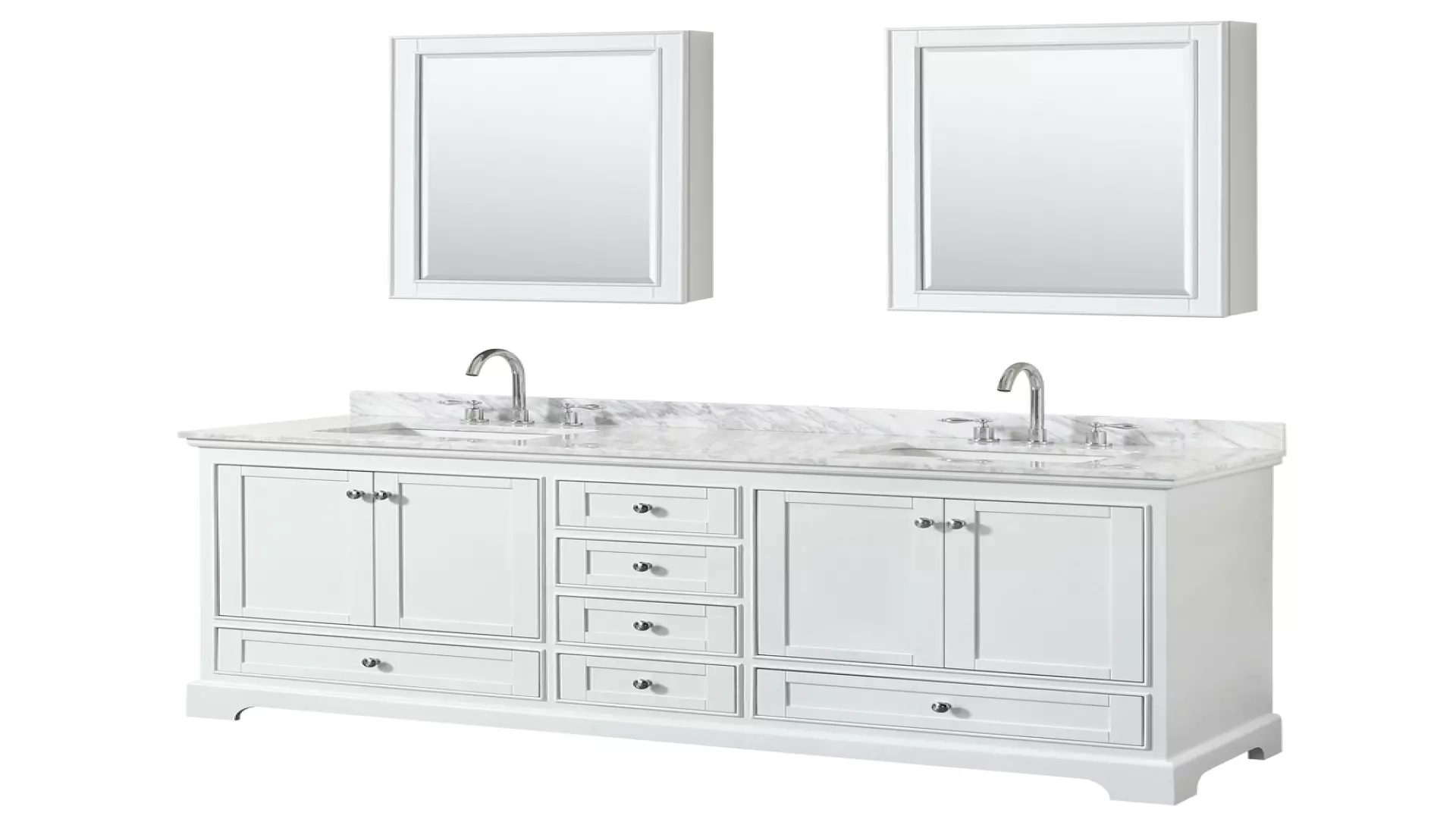 Deborah 72 Inch Double Bathroom Vanity in White, White Carrara Marble Countertop, Undermount Square Sinks, and Medicine Cabinets material