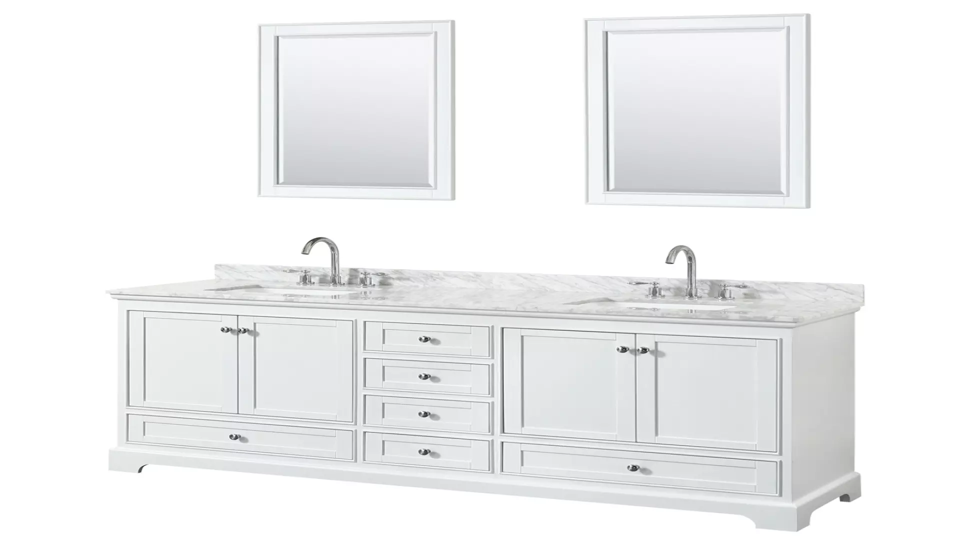 Deborah 80 Inch Double Bathroom Vanity in White, White Carrara Marble Countertop, Undermount Square Sinks, and 24 Inch Mirrors material