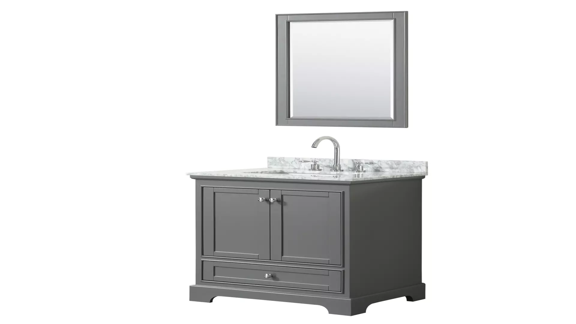 Deborah 30 Inch Single Bathroom Vanity in Dark Gray, White Carrara Marble Countertop, Undermount Square Sink, and 24 Inch Mirror material