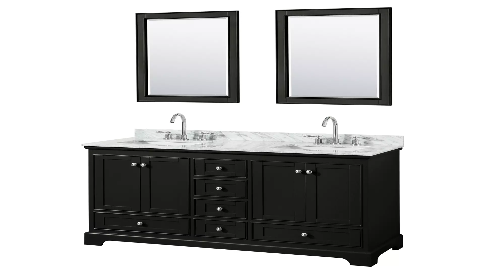 Deborah 60 Inch Double Bathroom Vanity in Dark Espresso, White Carrara Marble Countertop, Undermount Square Sinks, and 24 Inch Mirrors material