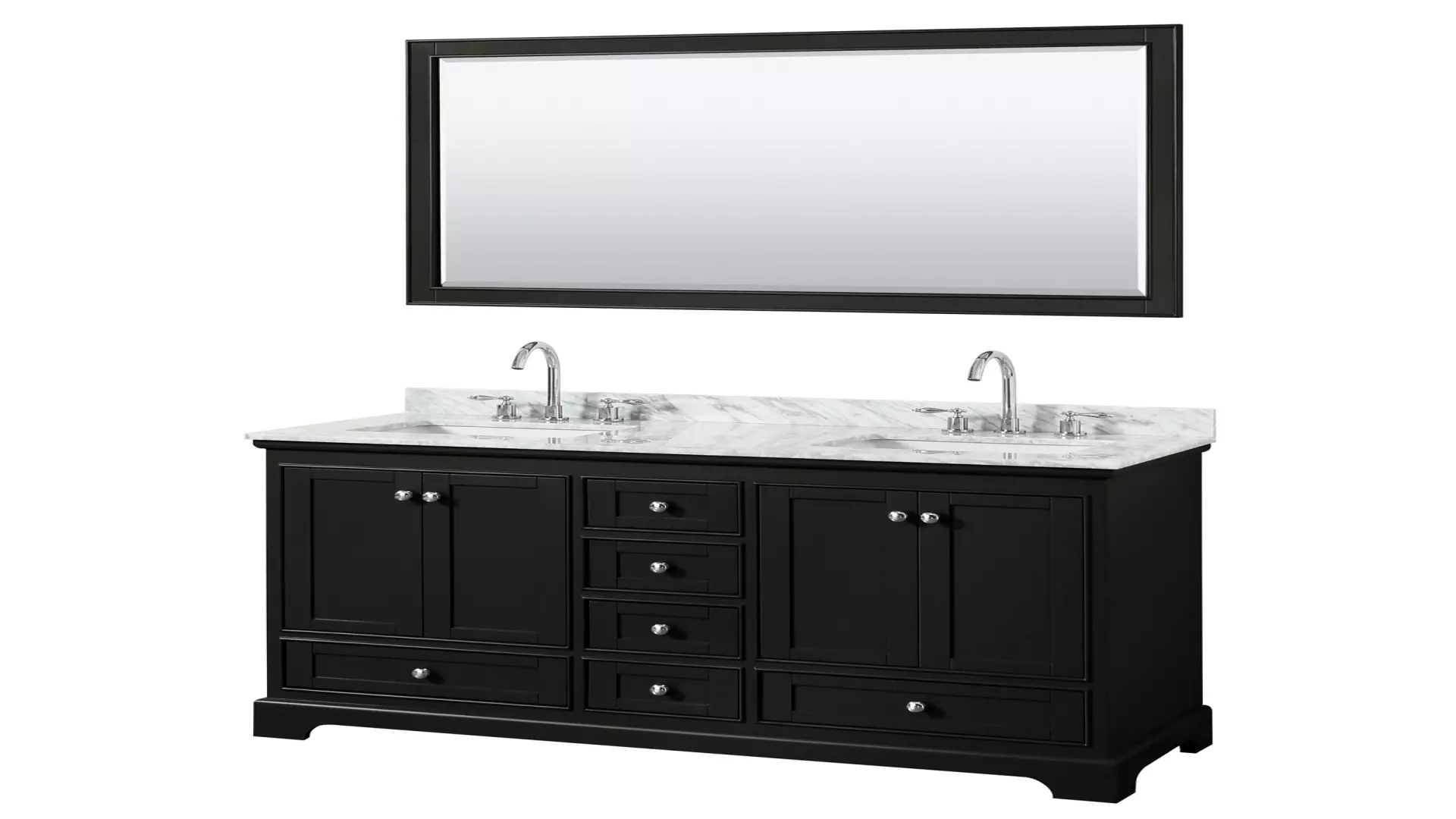 Deborah 60 Inch Double Bathroom Vanity in Dark Espresso, White Carrara Marble Countertop, Undermount Square Sinks, and 58 Inch Mirror material