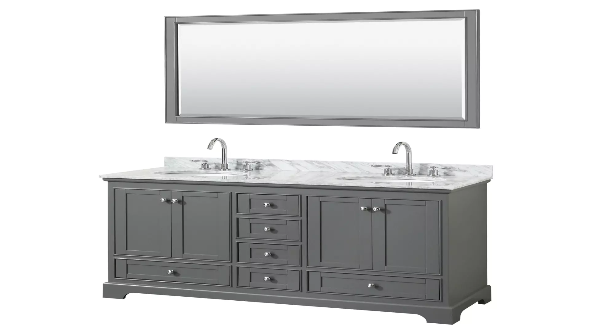 Deborah 60 Inch Double Bathroom Vanity in Dark Gray, White Carrara Marble Countertop, Undermount Oval Sinks, and 58 Inch Mirror material