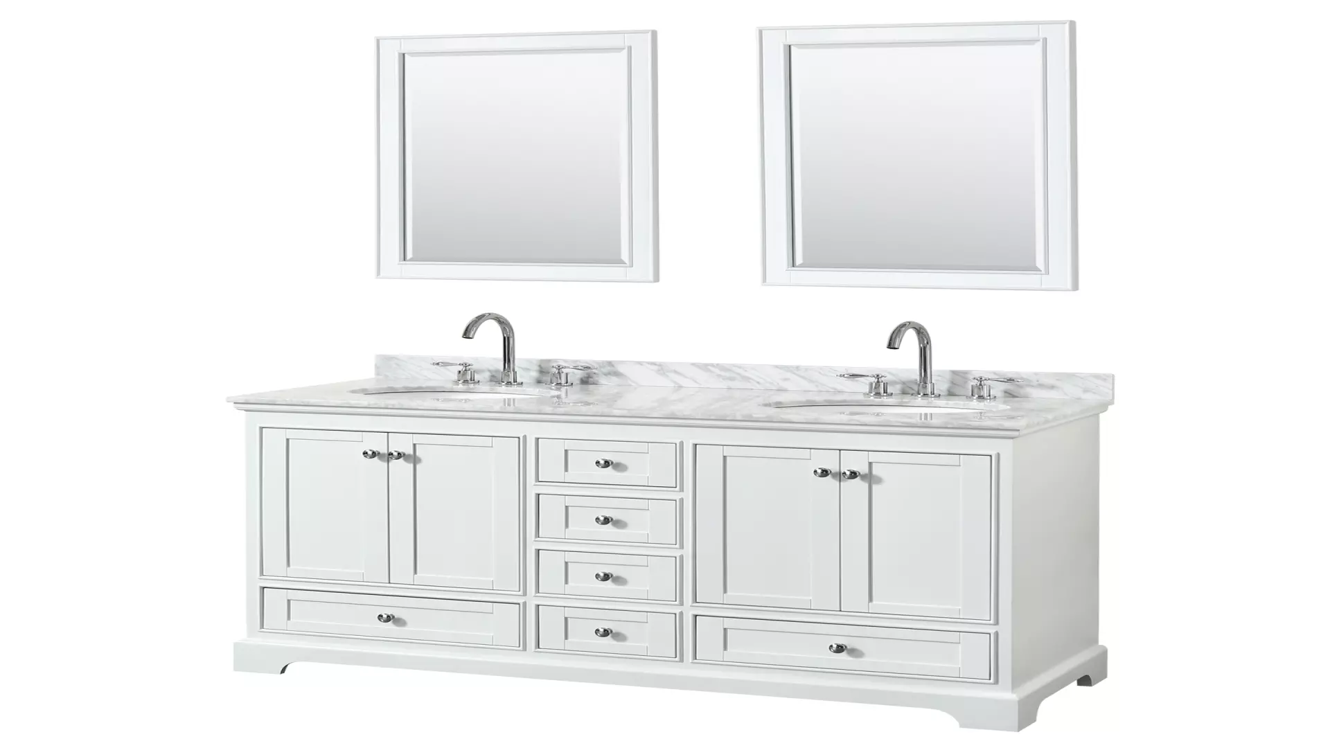 Deborah 60 Inch Double Bathroom Vanity in White, White Carrara Marble Countertop, Undermount Oval Sinks, and 24 Inch Mirrors material