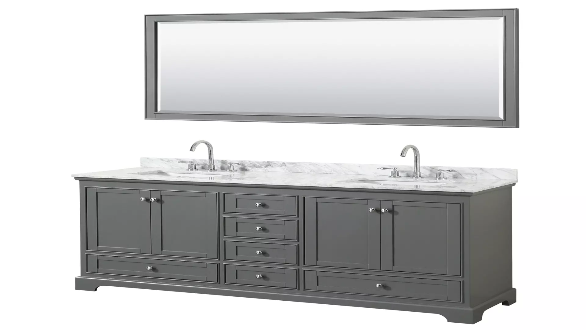 Deborah 72 Inch Double Bathroom Vanity in Dark Gray, White Carrara Marble Countertop, Undermount Square Sinks, and 70 Inch Mirror material