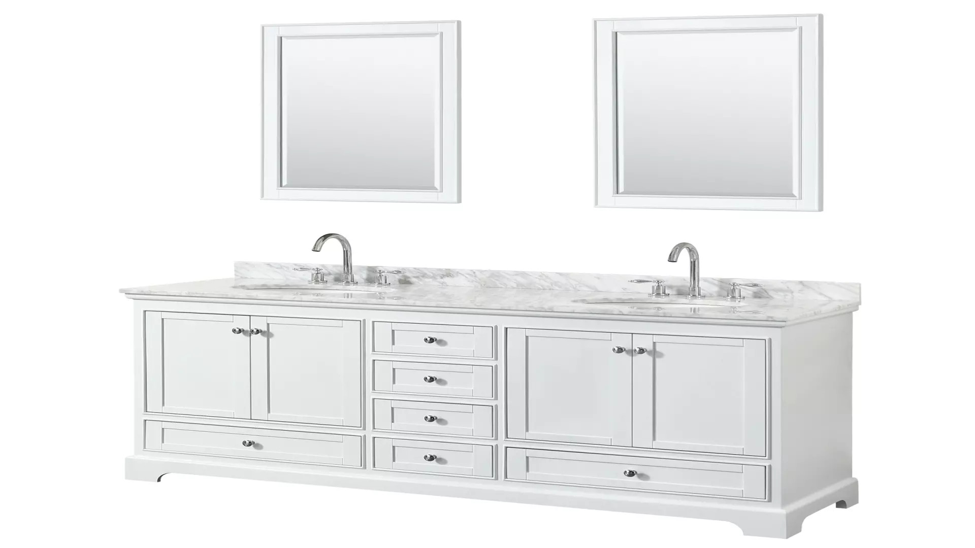 Deborah 72 Inch Double Bathroom Vanity in White, White Carrara Marble Countertop, Undermount Oval Sinks, and 24 Inch Mirrors material