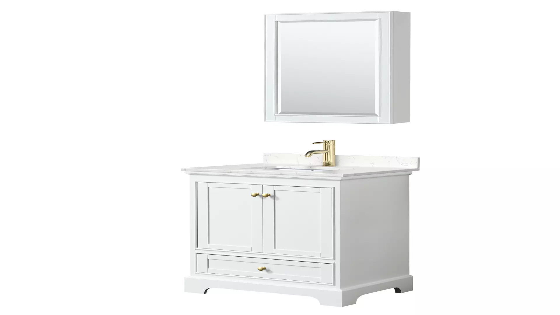 Deborah 30 Inch Single Bathroom Vanity in White, Carrara Cultured Marble Countertop, Undermount Square Sink, Brushed Gold Trim, Medicine Cabinet material