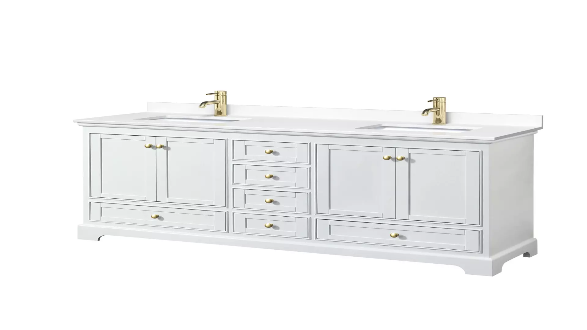 Deborah 72 Inch Double Bathroom Vanity in White, White Cultured Marble Countertop, Undermount Square Sinks, Brushed Gold Trim, No Mirrors material