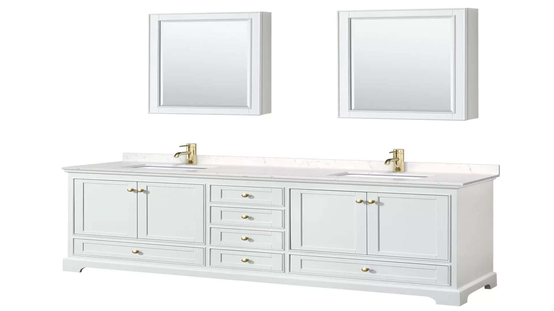 Deborah 80 Inch Double Bathroom Vanity in White, Carrara Cultured Marble Countertop, Undermount Square Sinks, Brushed Gold Trim, Medicine Cabinets material