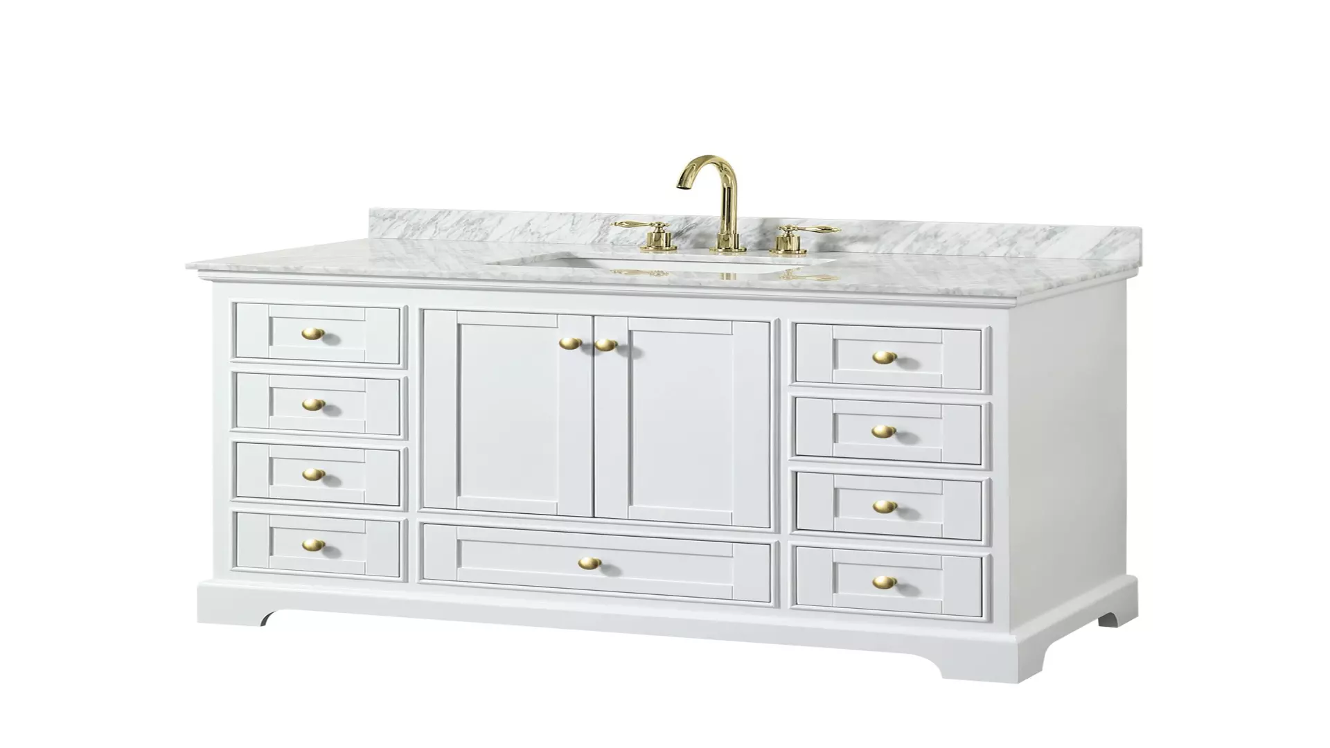Deborah 48 Inch Single Bathroom Vanity in White, White Carrara Marble Countertop, Undermount Square Sink, Brushed Gold Trim, No Mirror material