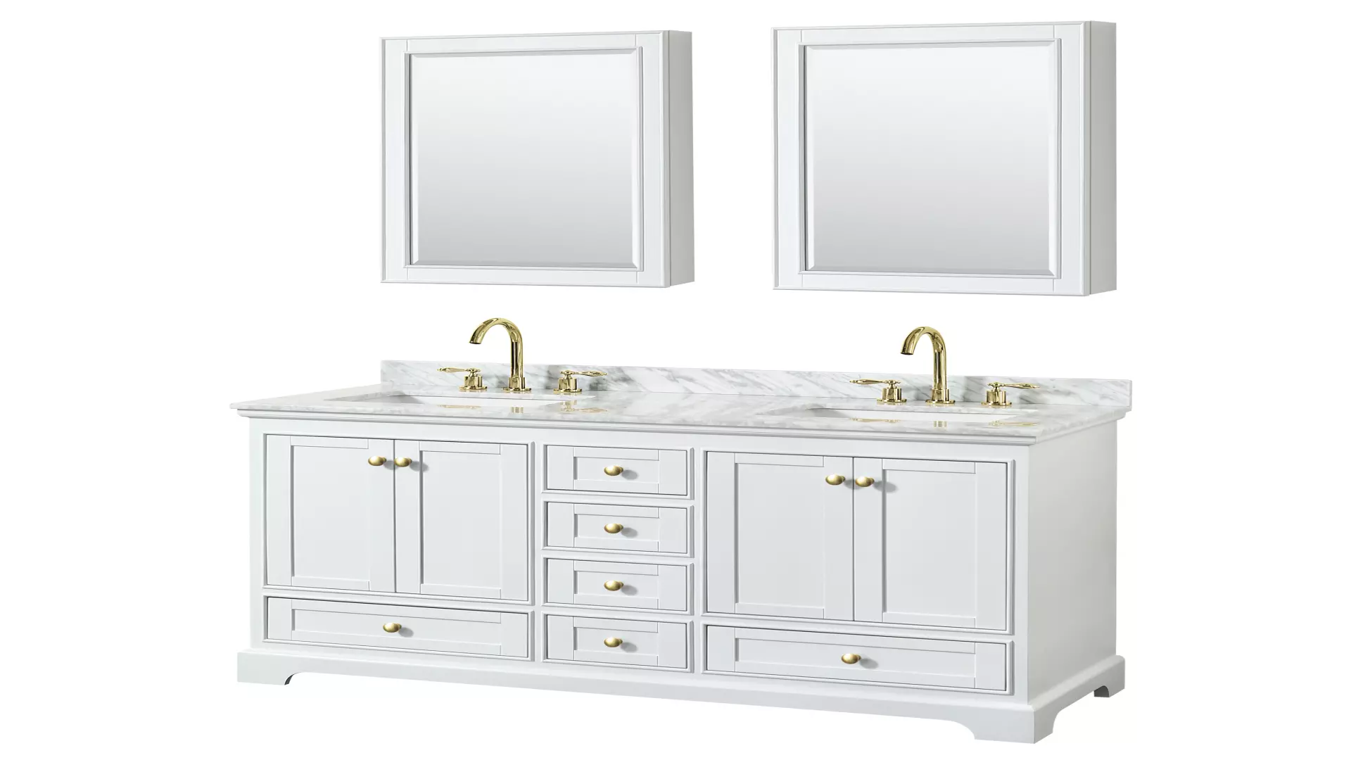 Deborah 60 Inch Double Bathroom Vanity in White, White Carrara Marble Countertop, Undermount Square Sinks, Brushed Gold Trim, Medicine Cabinets material