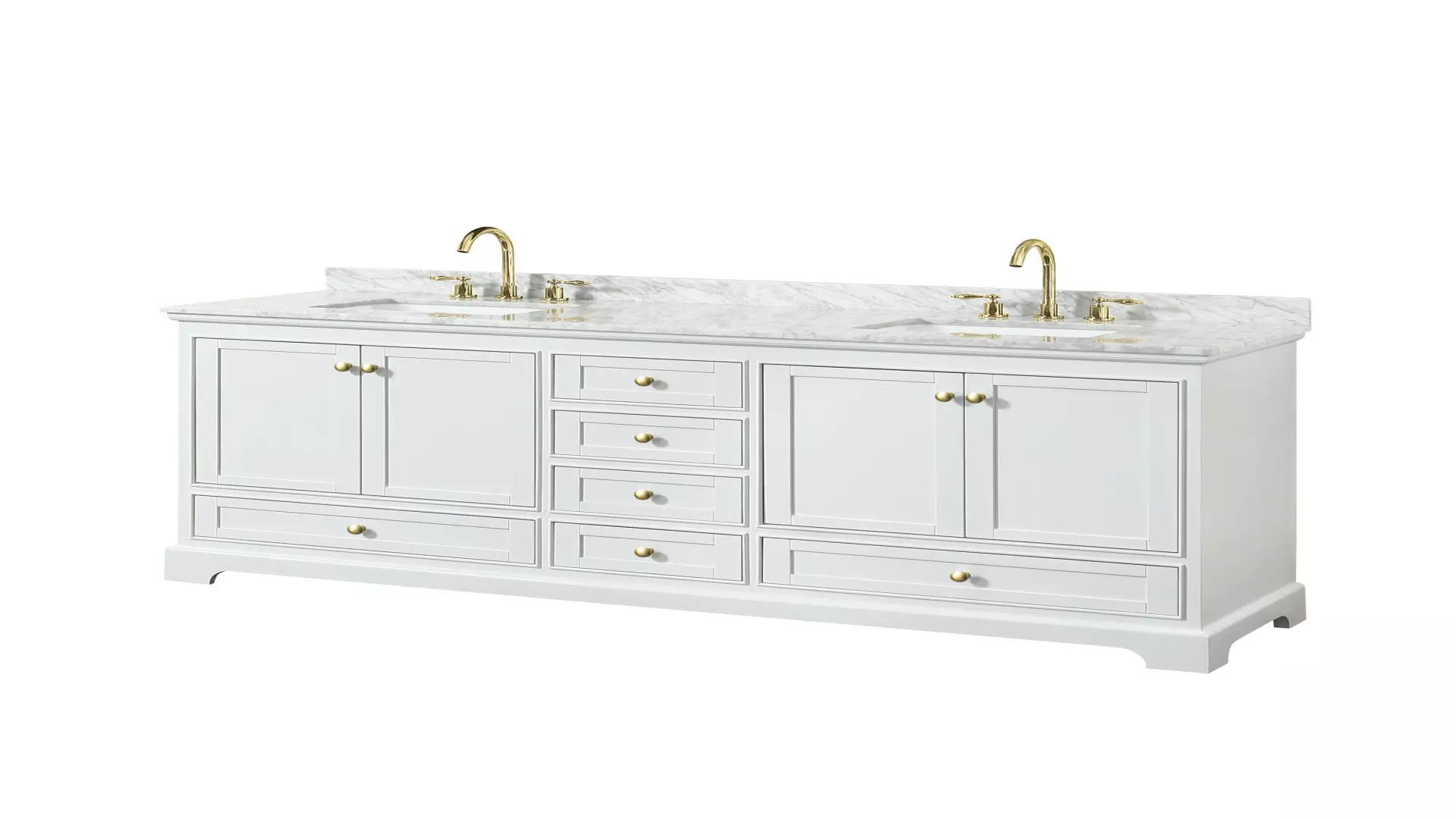 Deborah 80 Inch Double Bathroom Vanity in White, White Carrara Marble Countertop, Undermount Square Sinks, Brushed Gold Trim, No Mirrors material