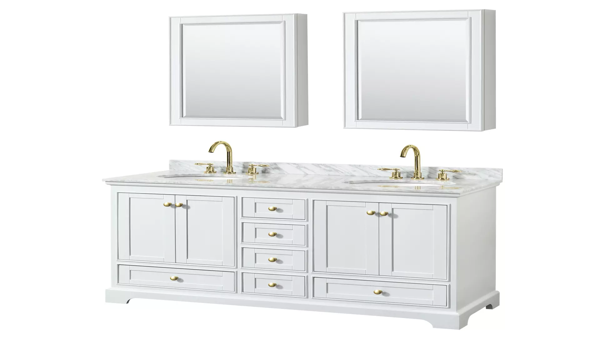 Deborah 60 Inch Double Bathroom Vanity in White, White Carrara Marble Countertop, Undermount Oval Sinks, Brushed Gold Trim, Medicine Cabinets material