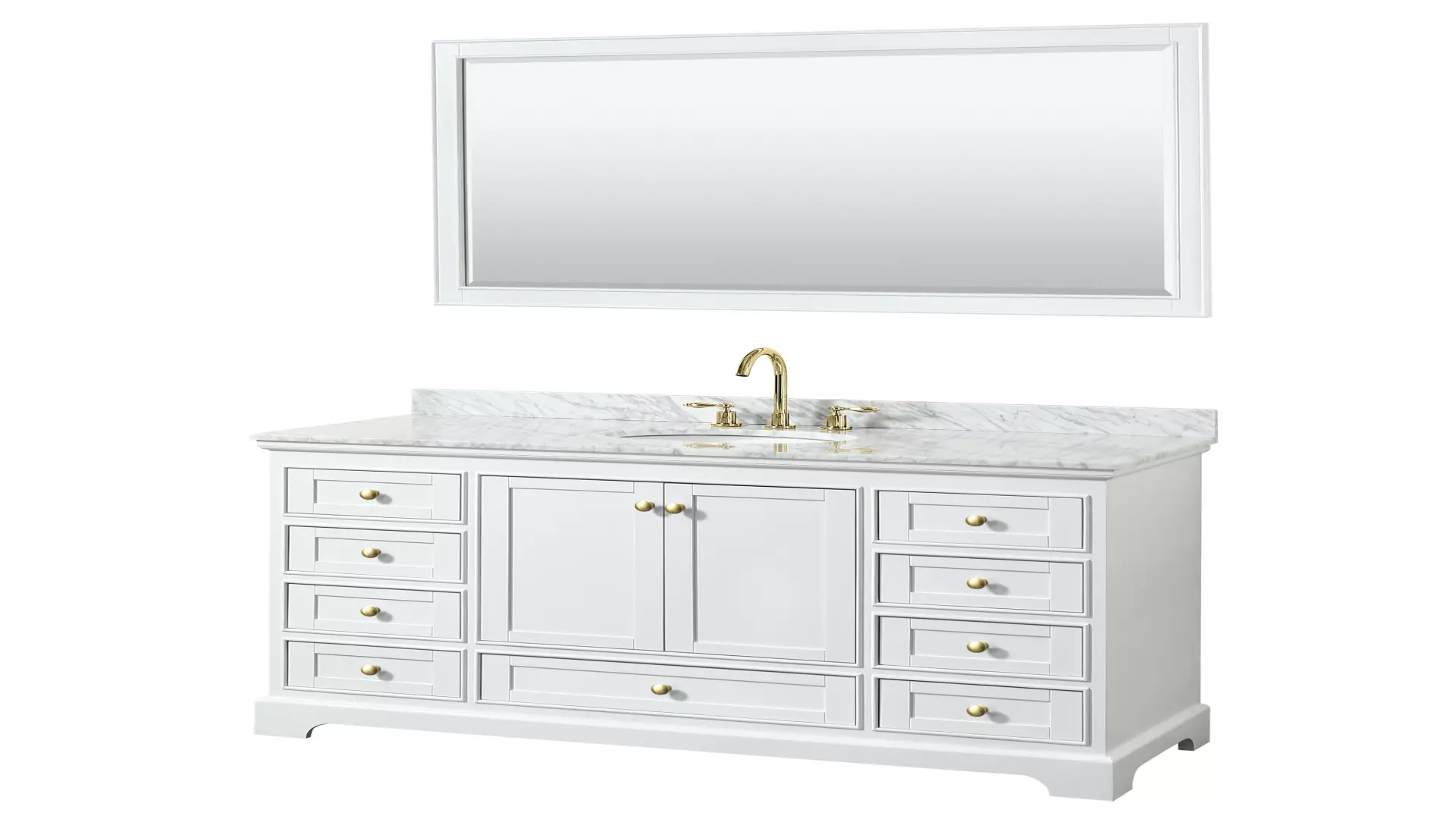 Deborah 60 Inch Single Bathroom Vanity in White, White Carrara Marble Countertop, Undermount Oval Sink, Brushed Gold Trim, 58 Inch Mirror material