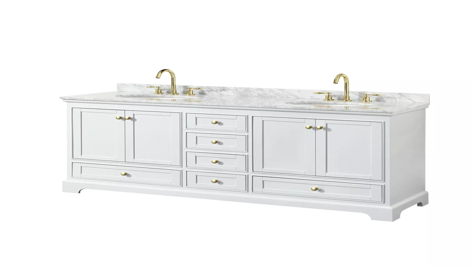 Deborah 72 Inch Double Bathroom Vanity in White, White Carrara Marble Countertop, Undermount Oval Sinks, Brushed Gold Trim, No Mirrors material