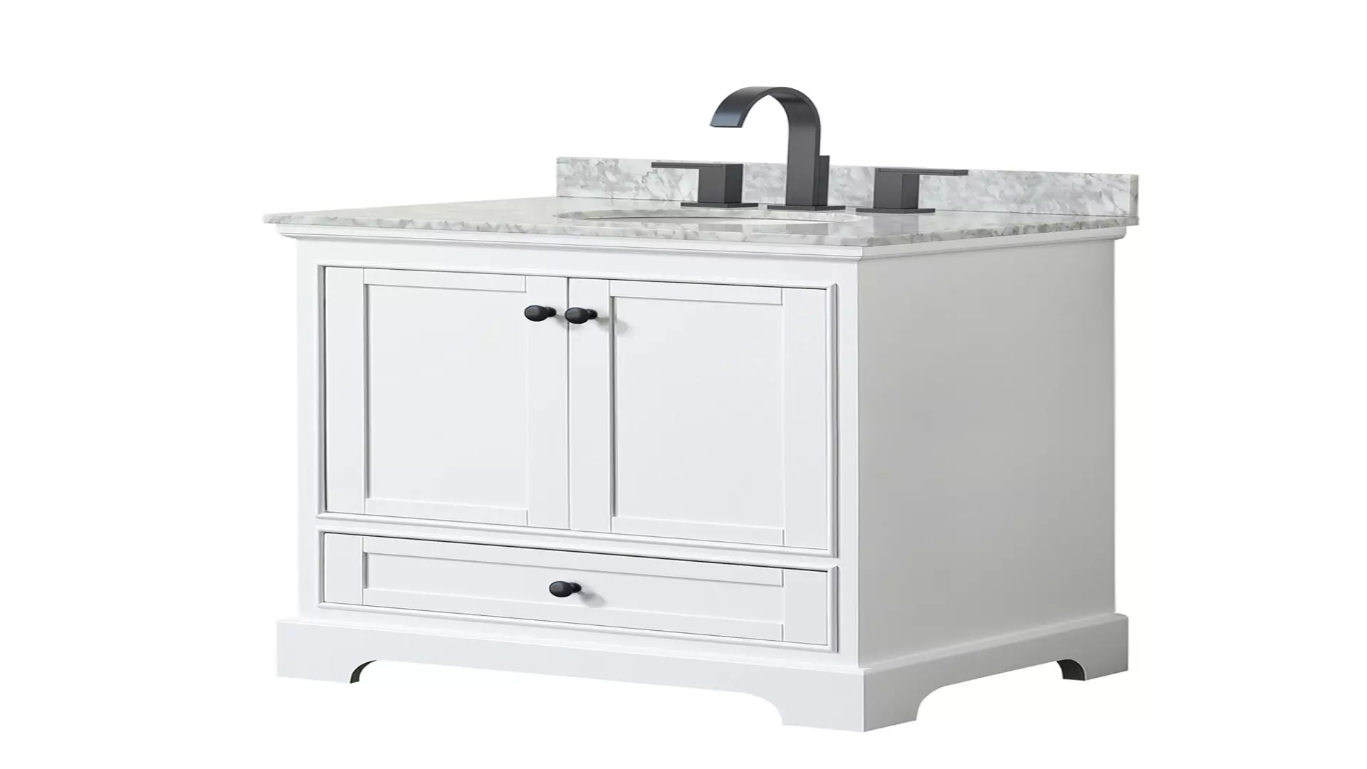 Deborah 30 Inch Single Bathroom Vanity in White, White Carrara Marble Countertop, Undermount Oval Sink, Matte Black Trim material
