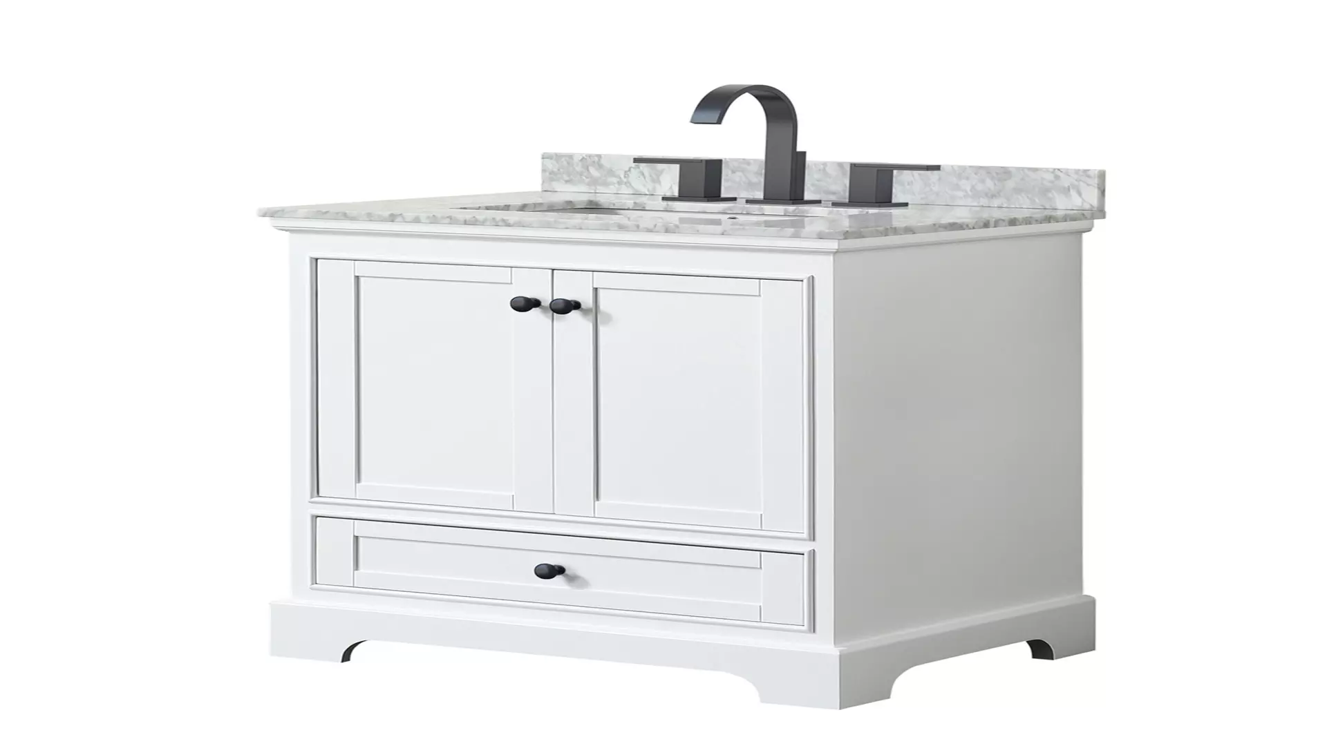 Deborah 30 Inch Single Bathroom Vanity in White, White Carrara Marble Countertop, Undermount Square Sink, Matte Black Trim material