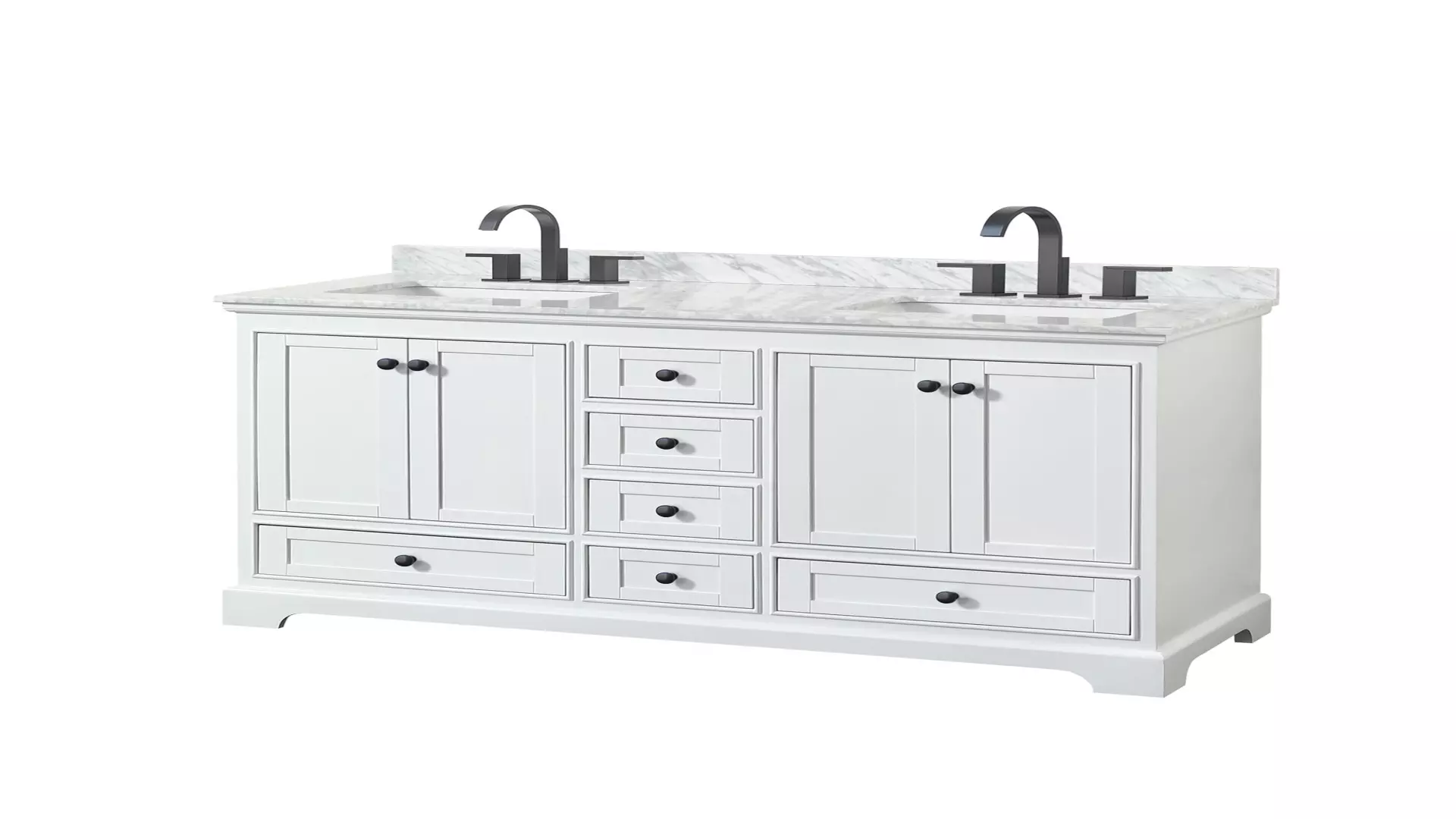 Deborah 60 Inch Double Bathroom Vanity in White, White Carrara Marble Countertop, Undermount Square Sinks, Matte Black Trim material