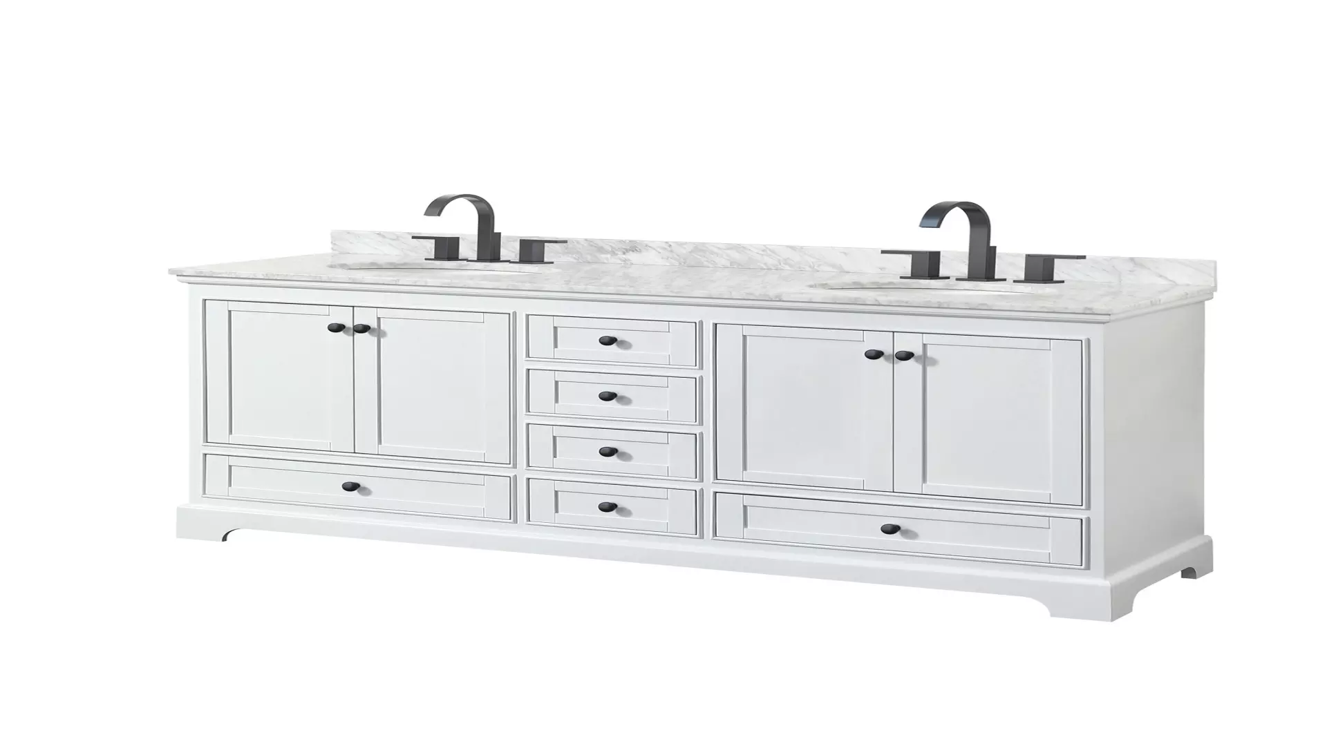 Deborah 72 Inch Double Bathroom Vanity in White, White Carrara Marble Countertop, Undermount Oval Sinks, Matte Black Trim material