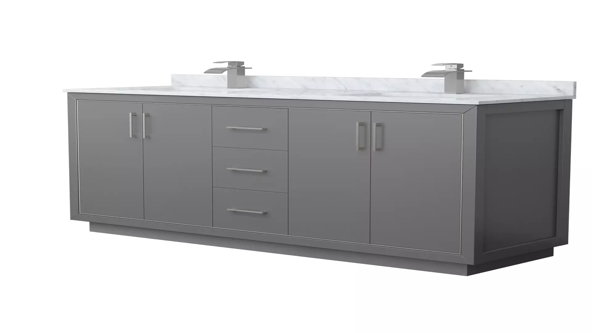 Icon 66 Inch Double Bathroom Vanity in Dark Gray, White Carrara Marble Countertop, Undermount Square Sinks, Brushed Nickel Trim material