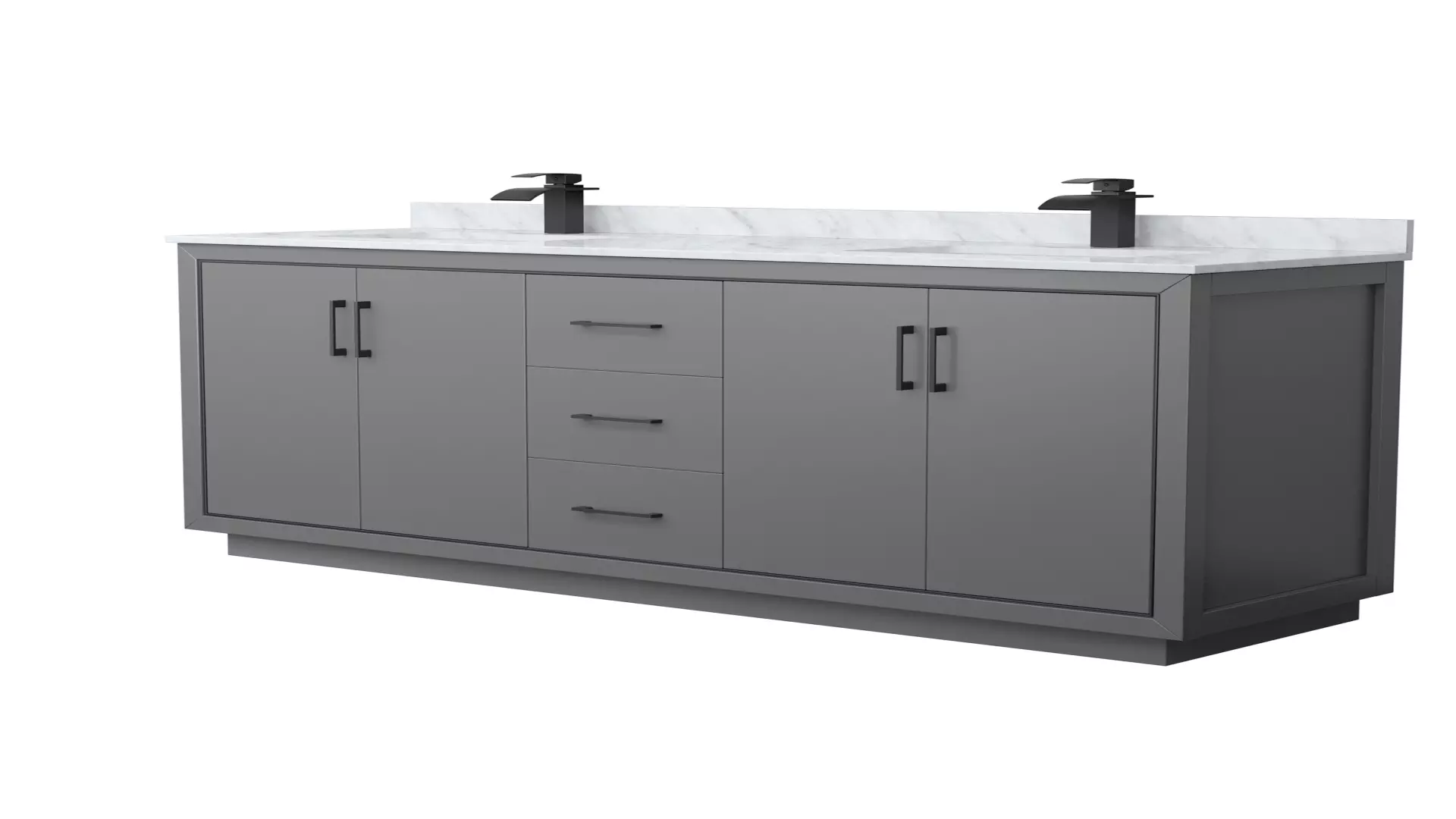 Icon 72 Inch Double Bathroom Vanity in Dark Gray, White Carrara Marble Countertop, Undermount Square Sinks, Matte Black Trim material