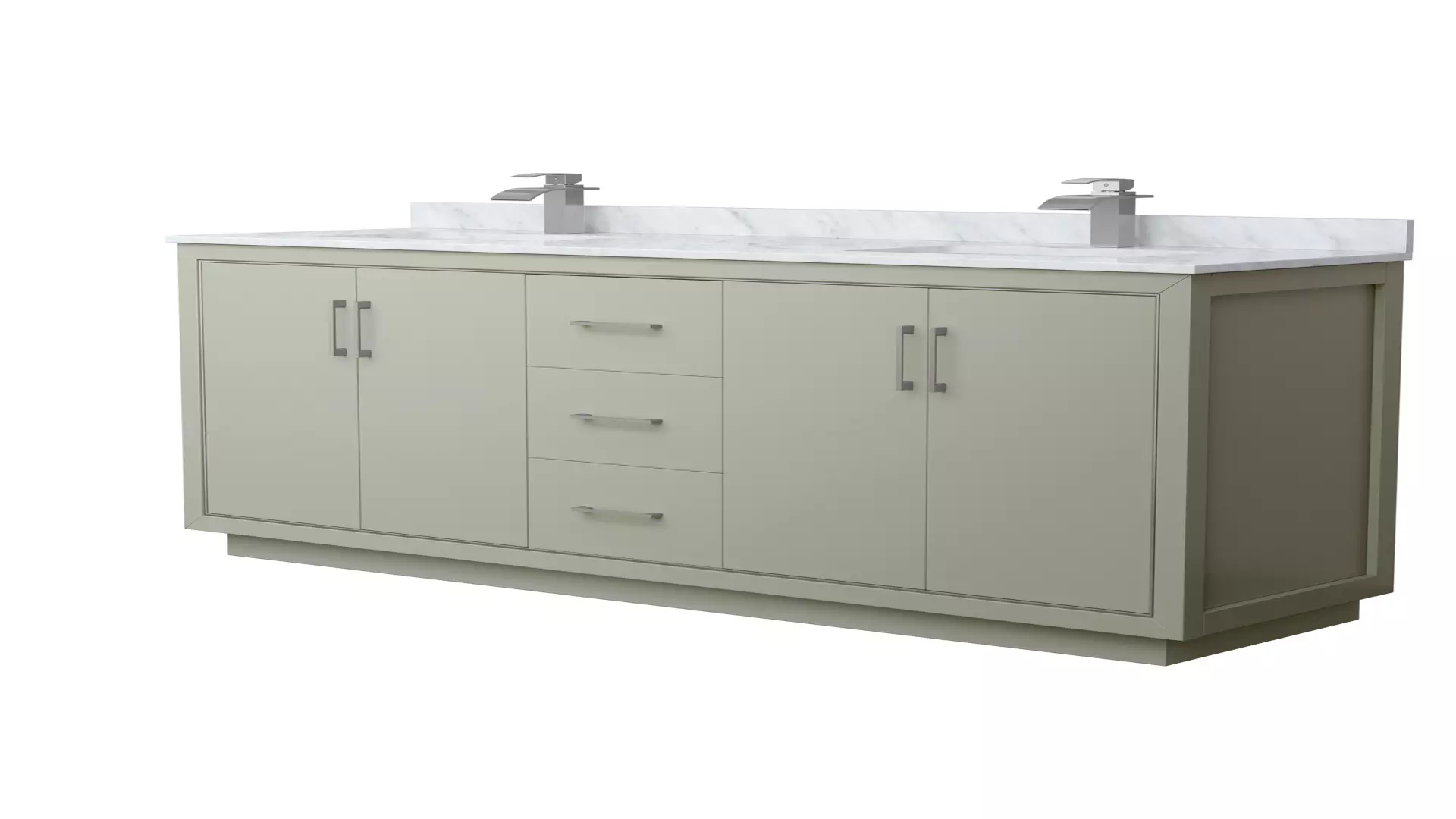 Icon 72 Inch Double Bathroom Vanity in Light Green, White Carrara Marble Countertop, Undermount Square Sinks, Brushed Nickel Trim material