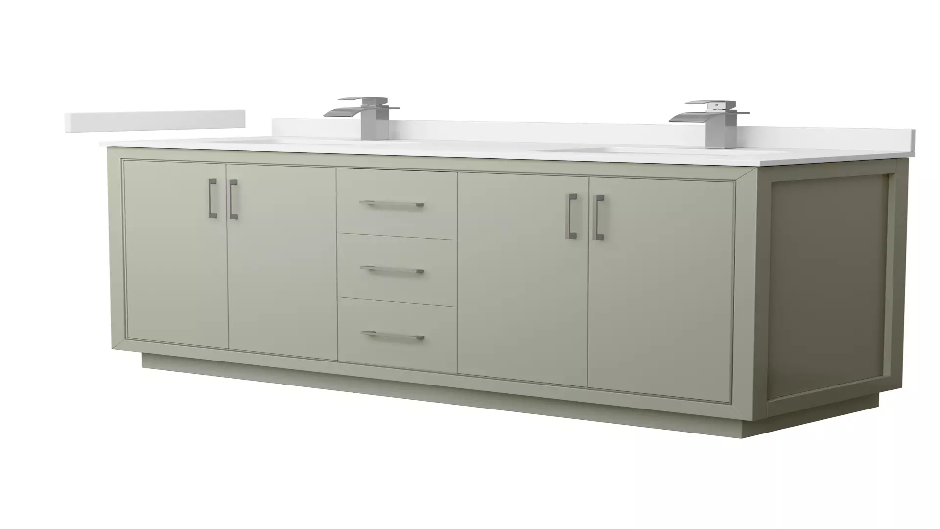 Icon 66 Inch Double Bathroom Vanity in Light Green, White Cultured Marble Countertop, Undermount Square Sinks, Brushed Nickel Trim material