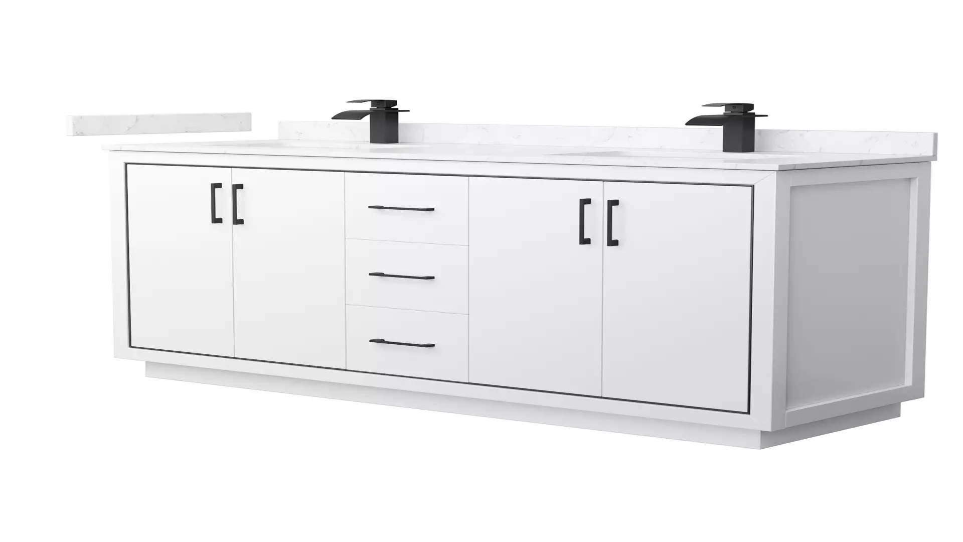 Icon 66 Inch Double Bathroom Vanity in White, Carrara Cultured Marble Countertop, Undermount Square Sinks, Matte Black Trim material