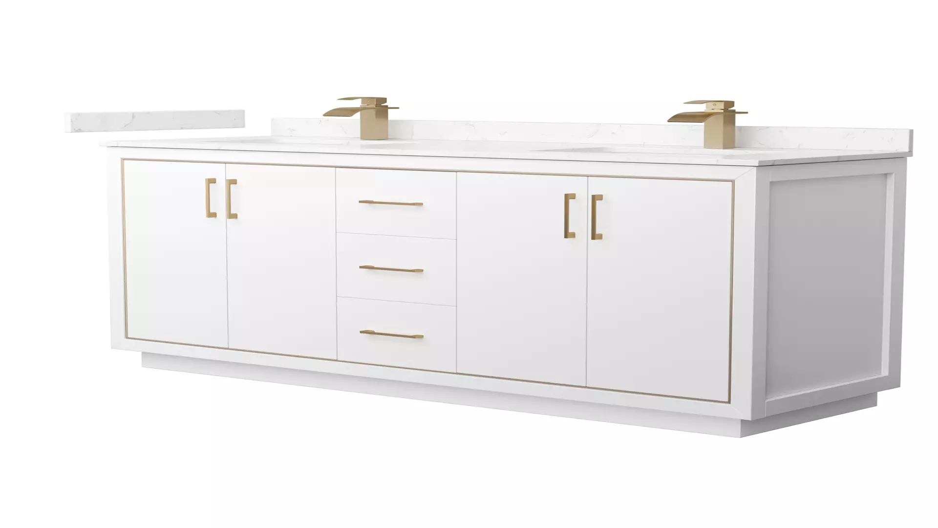 Icon 66 Inch Double Bathroom Vanity in White, Carrara Cultured Marble Countertop, Undermount Square Sinks, Satin Bronze Trim material