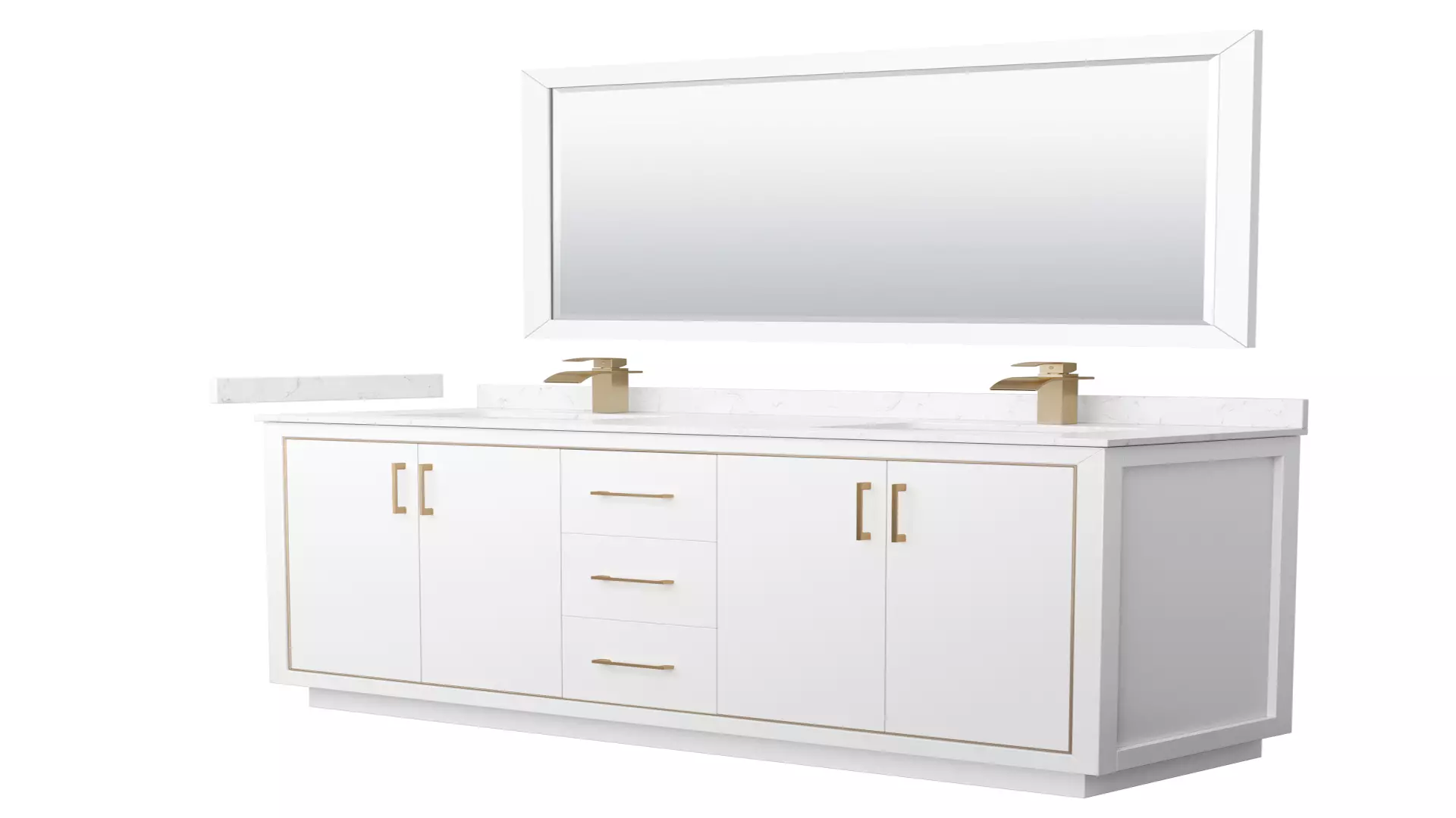 Icon 66 Inch Double Bathroom Vanity in White, Carrara Cultured Marble Countertop, Undermount Square Sinks, Satin Bronze Trim, 58 Inch Mirror material