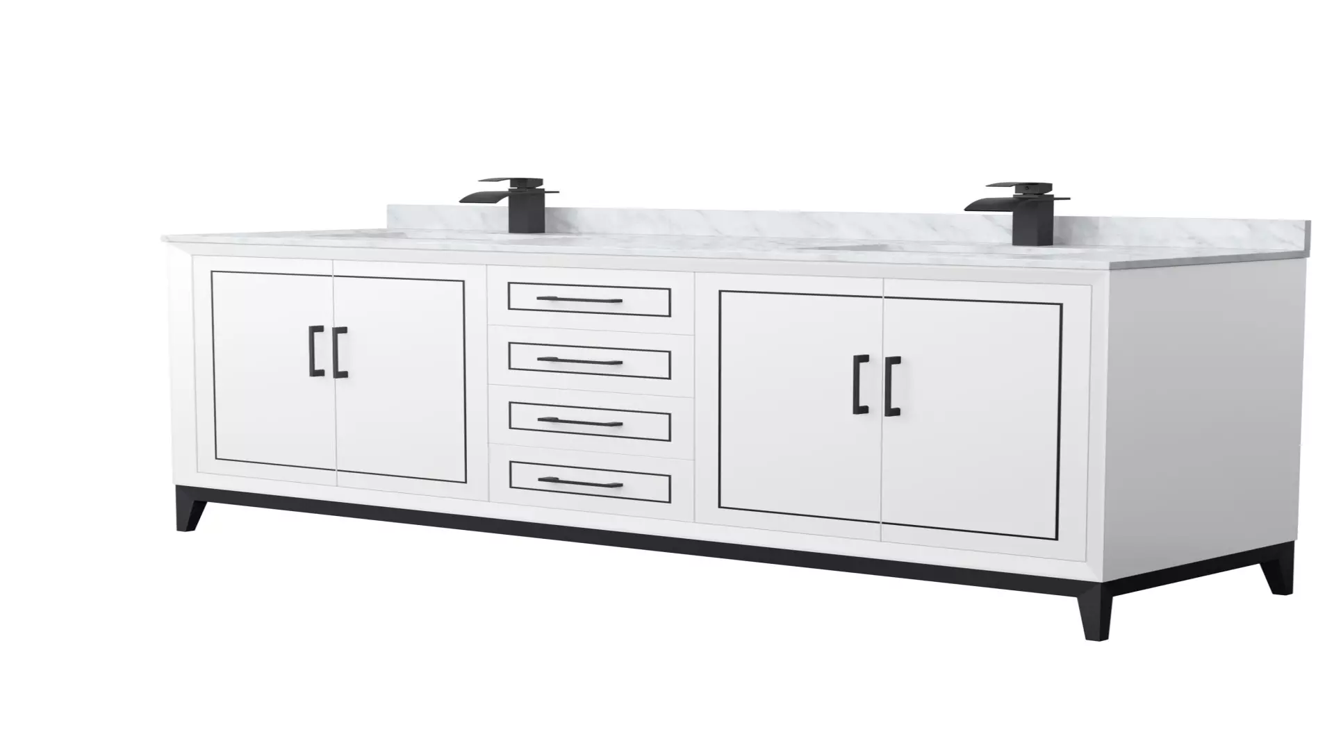 Marlena 72 Inch Double Bathroom Vanity in White, White Carrara Marble Countertop, Undermount Square Sinks, Matte Black Trim material