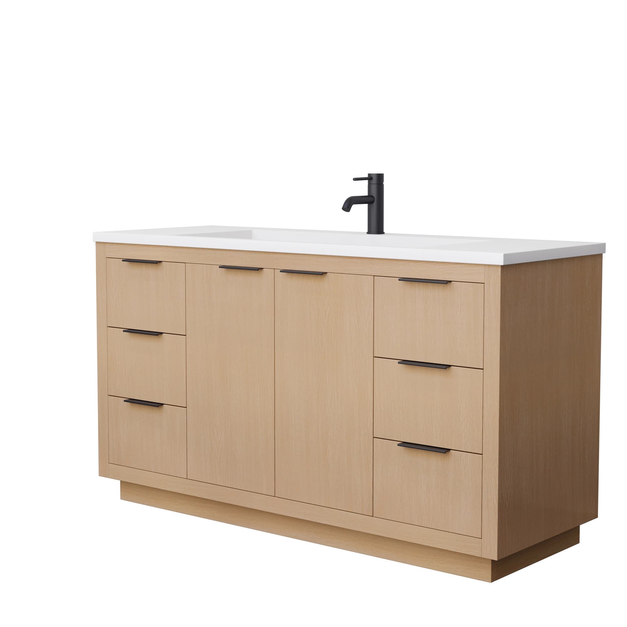 Maroni 60 Inch Single Bathroom Vanity in Light Straw, 1.25 Inch Thick Matte White Solid Surface Countertop, Integrated Sink, Matte Black Trim material