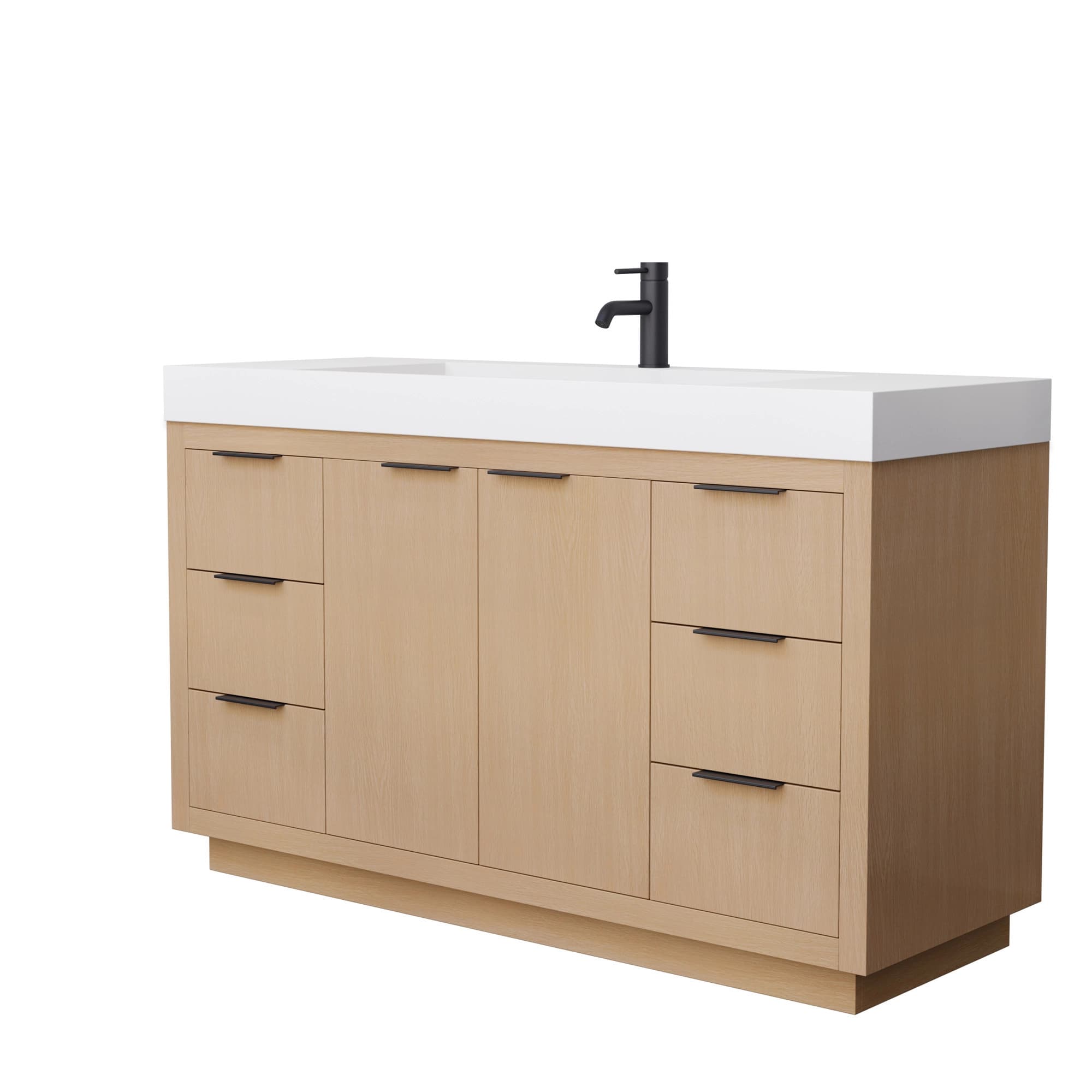 Maroni 60 Inch Single Bathroom Vanity in Light Straw, 4 Inch Thick Matte White Solid Surface Countertop, Integrated Sink, Matte Black Trim material
