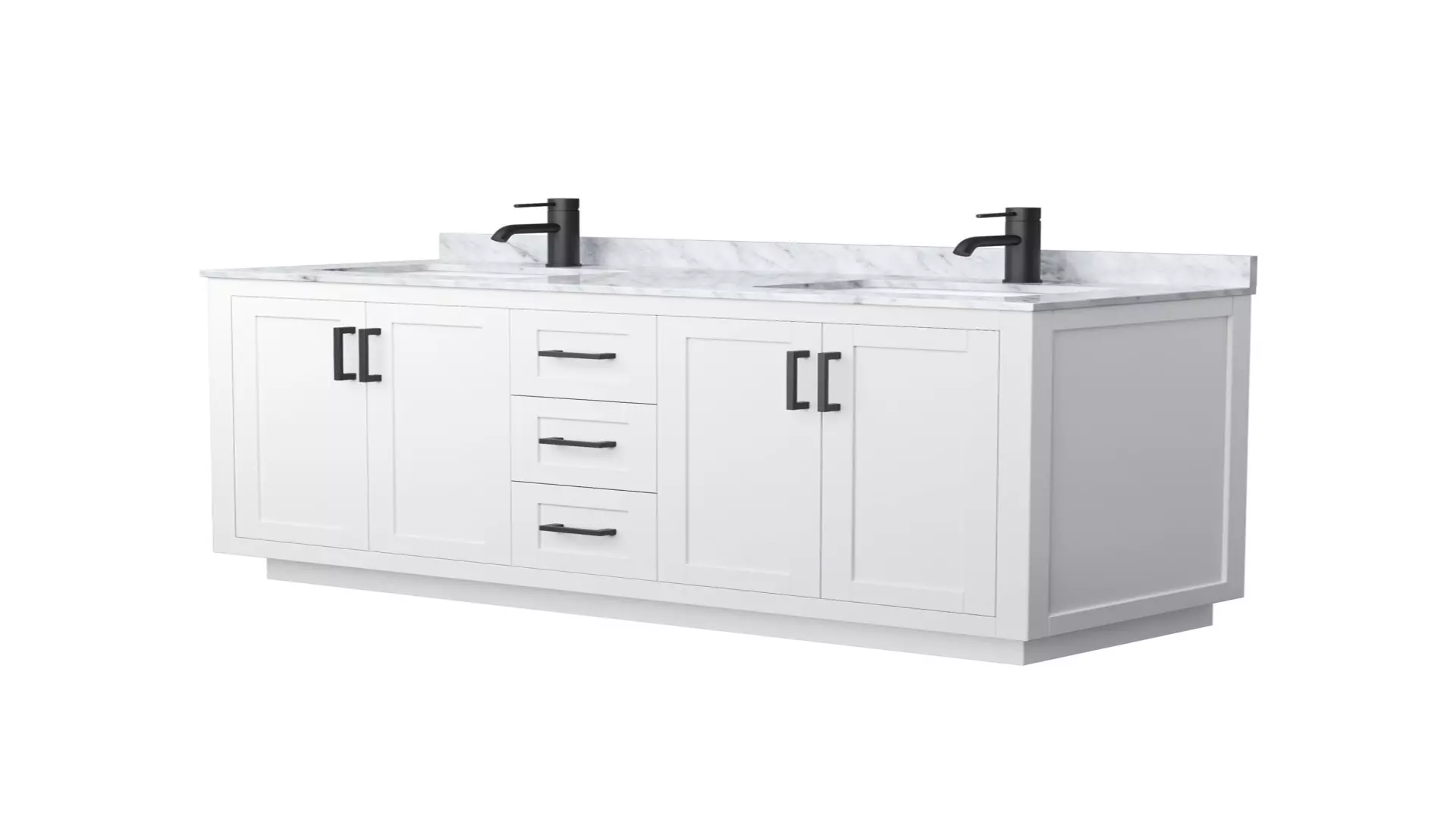 Miranda 60 Inch Double Bathroom Vanity in White, White Carrara Marble Countertop, Undermount Square Sinks, Matte Black Trim material