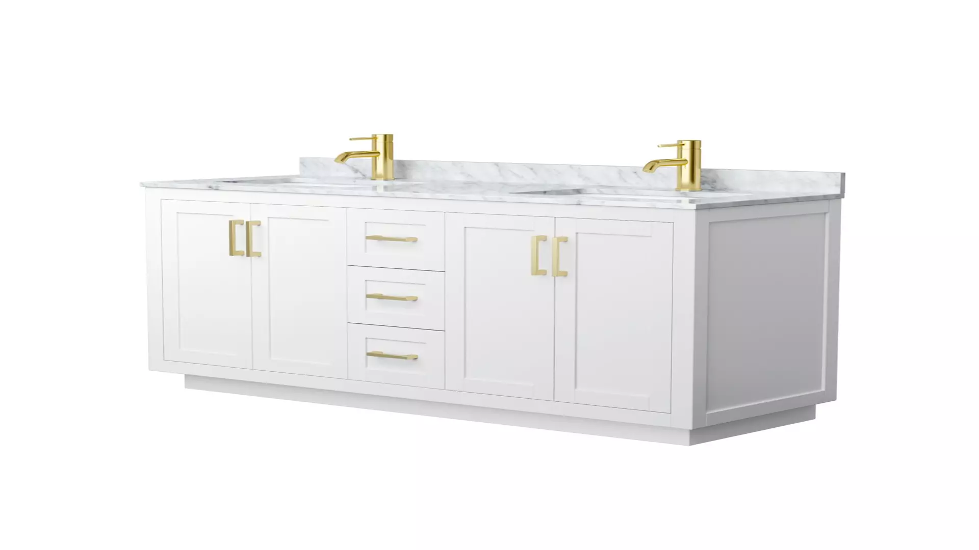 Miranda 60 Inch Double Bathroom Vanity in White, White Carrara Marble Countertop, Undermount Square Sinks, Brushed Gold Trim material