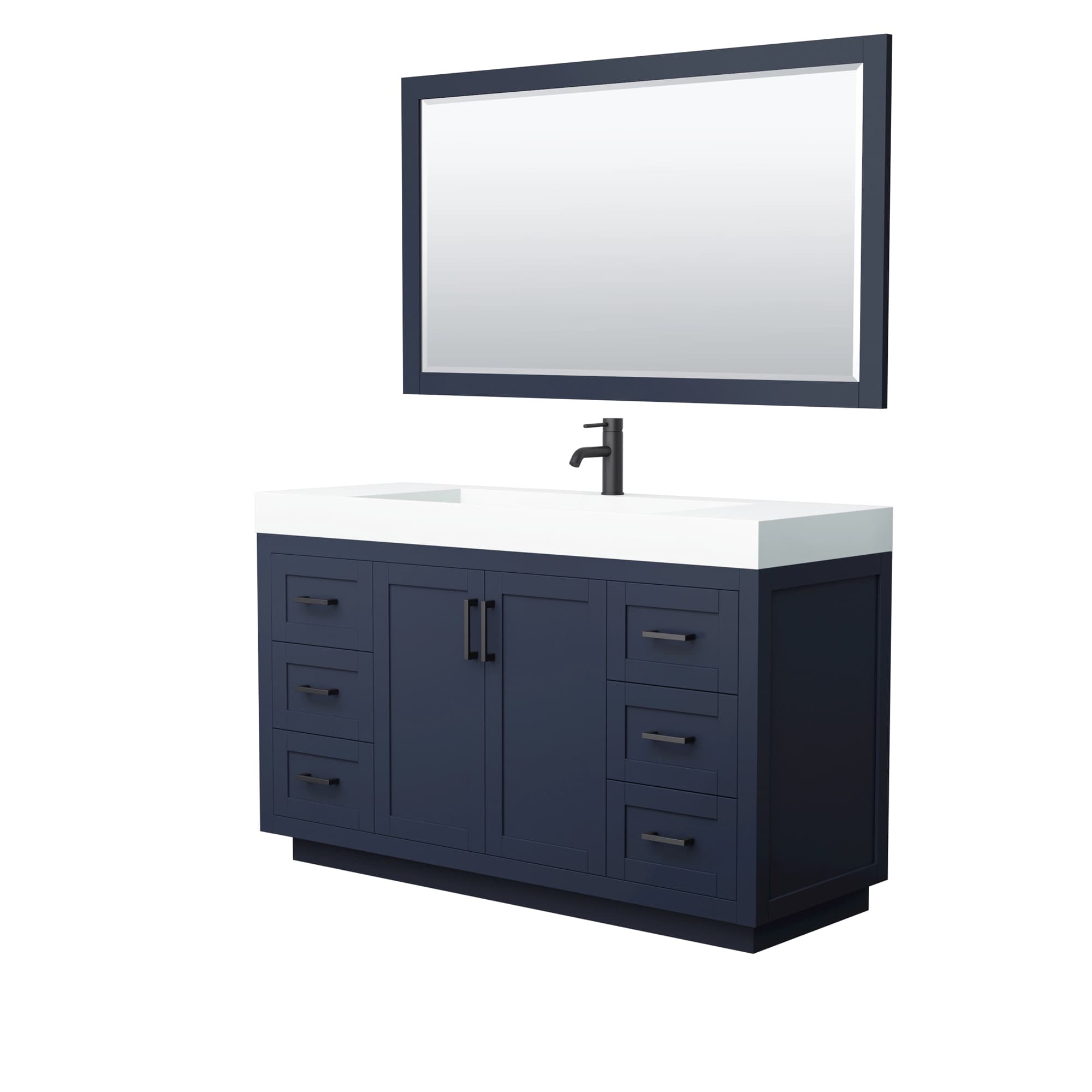 Miranda 60 Inch Single Bathroom Vanity in Dark Blue, 4 Inch Thick Matte White Solid Surface Countertop, Integrated Sink, Matte Black Trim, 58 Inch Mirror material