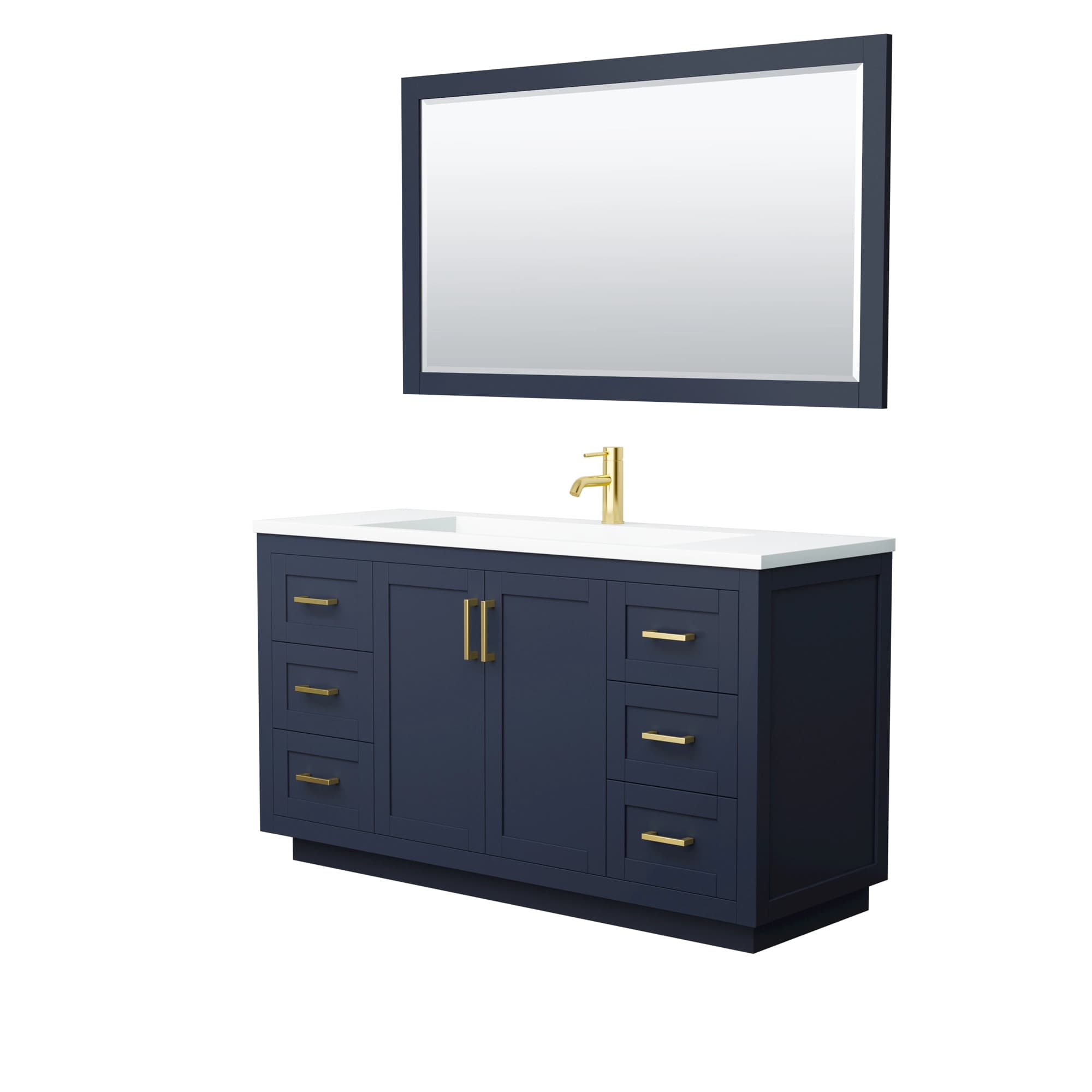 Miranda 60 Inch Single Bathroom Vanity in Dark Blue, 1.25 Inch Thick Matte White Solid Surface Countertop, Integrated Sink, Brushed Gold Trim, 58 Inch Mirror material