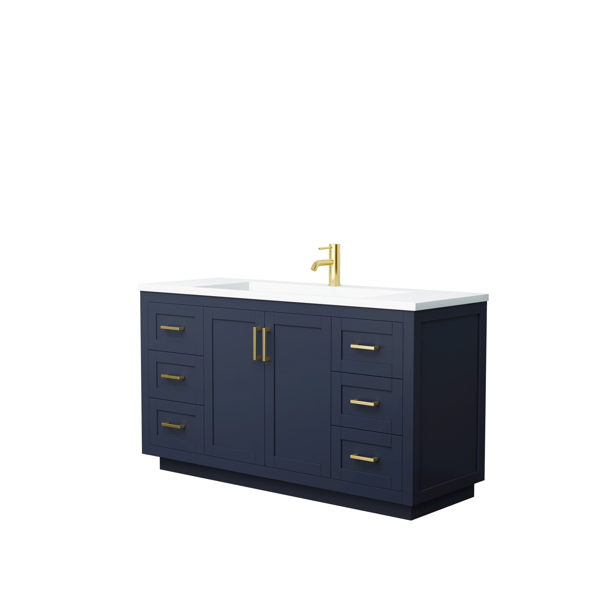 Miranda 60 Inch Single Bathroom Vanity in Dark Blue, 1.25 Inch Thick Matte White Solid Surface Countertop, Integrated Sink, Brushed Gold Trim material