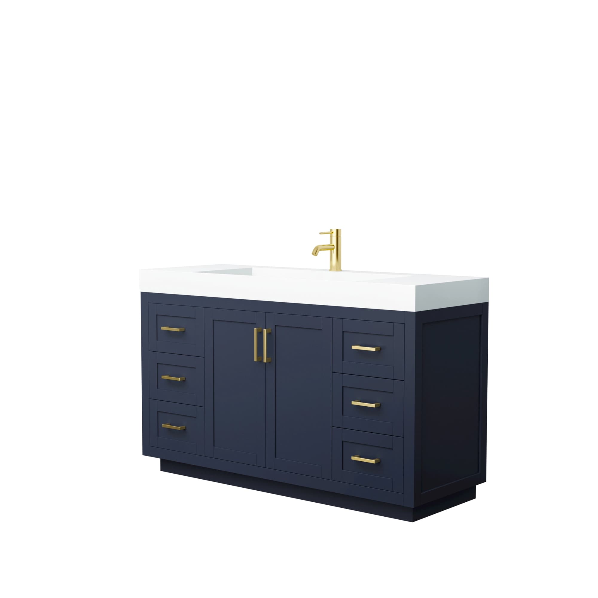 Miranda 60 Inch Single Bathroom Vanity in Dark Blue, 4 Inch Thick Matte White Solid Surface Countertop, Integrated Sink, Brushed Gold Trim material