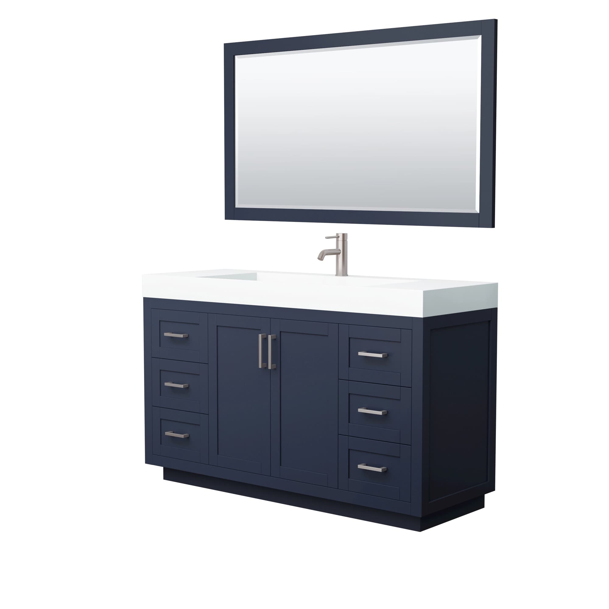 Miranda 60 Inch Single Bathroom Vanity in Dark Blue, 4 Inch Thick Matte White Solid Surface Countertop, Integrated Sink, Brushed Nickel Trim, 58 Inch Mirror material