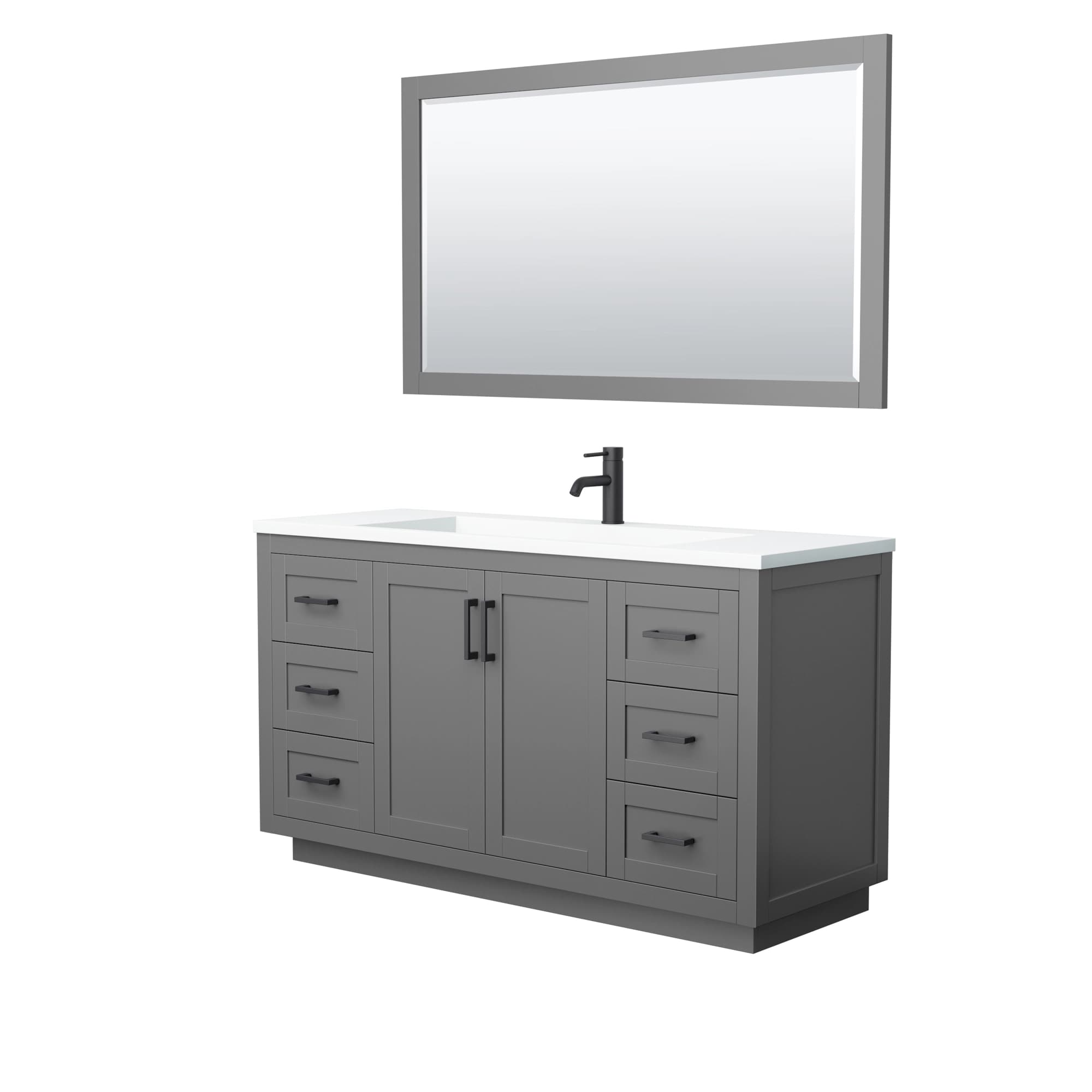 Miranda 60 Inch Single Bathroom Vanity in Dark Gray, 1.25 Inch Thick Matte White Solid Surface Countertop, Integrated Sink, Matte Black Trim, 58 Inch Mirror material