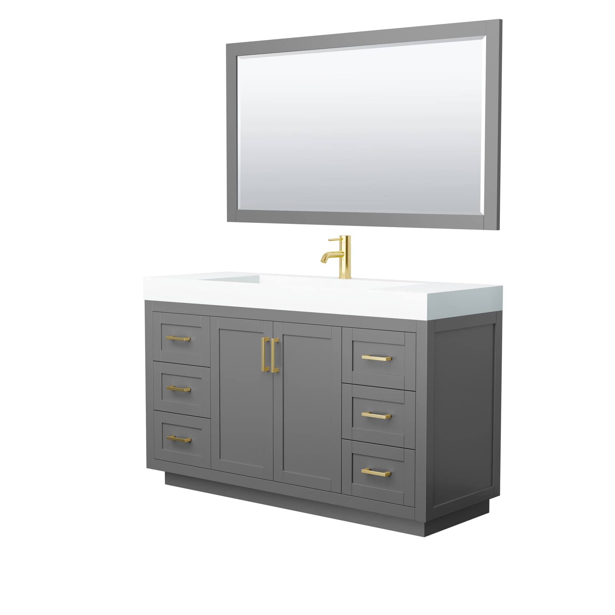 Miranda 60 Inch Single Bathroom Vanity in Dark Gray, 4 Inch Thick Matte White Solid Surface Countertop, Integrated Sink, Brushed Gold Trim, 58 Inch Mirror material