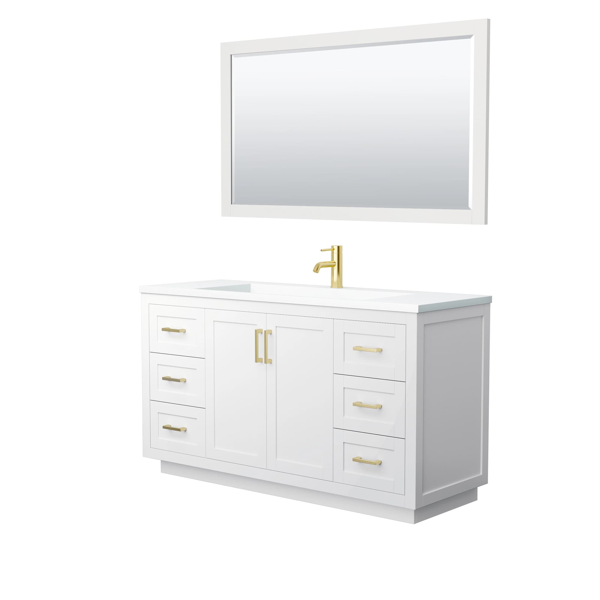 Miranda 60 Inch Single Bathroom Vanity in White, 1.25 Inch Thick Matte White Solid Surface Countertop, Integrated Sink, Brushed Gold Trim, 58 Inch Mirror material